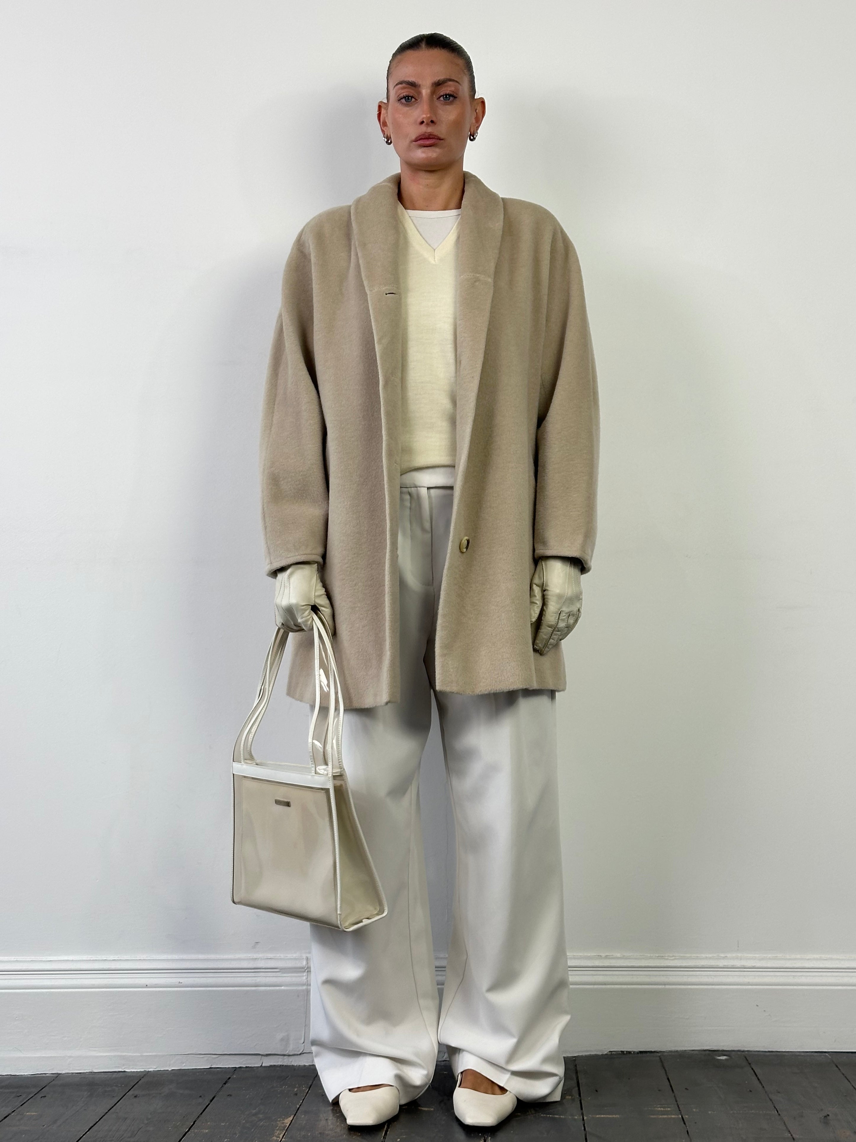 Max Mara brushed wool and cashmere single-breasted coat in M/L size, shown in a stylish, neutral-colored design.