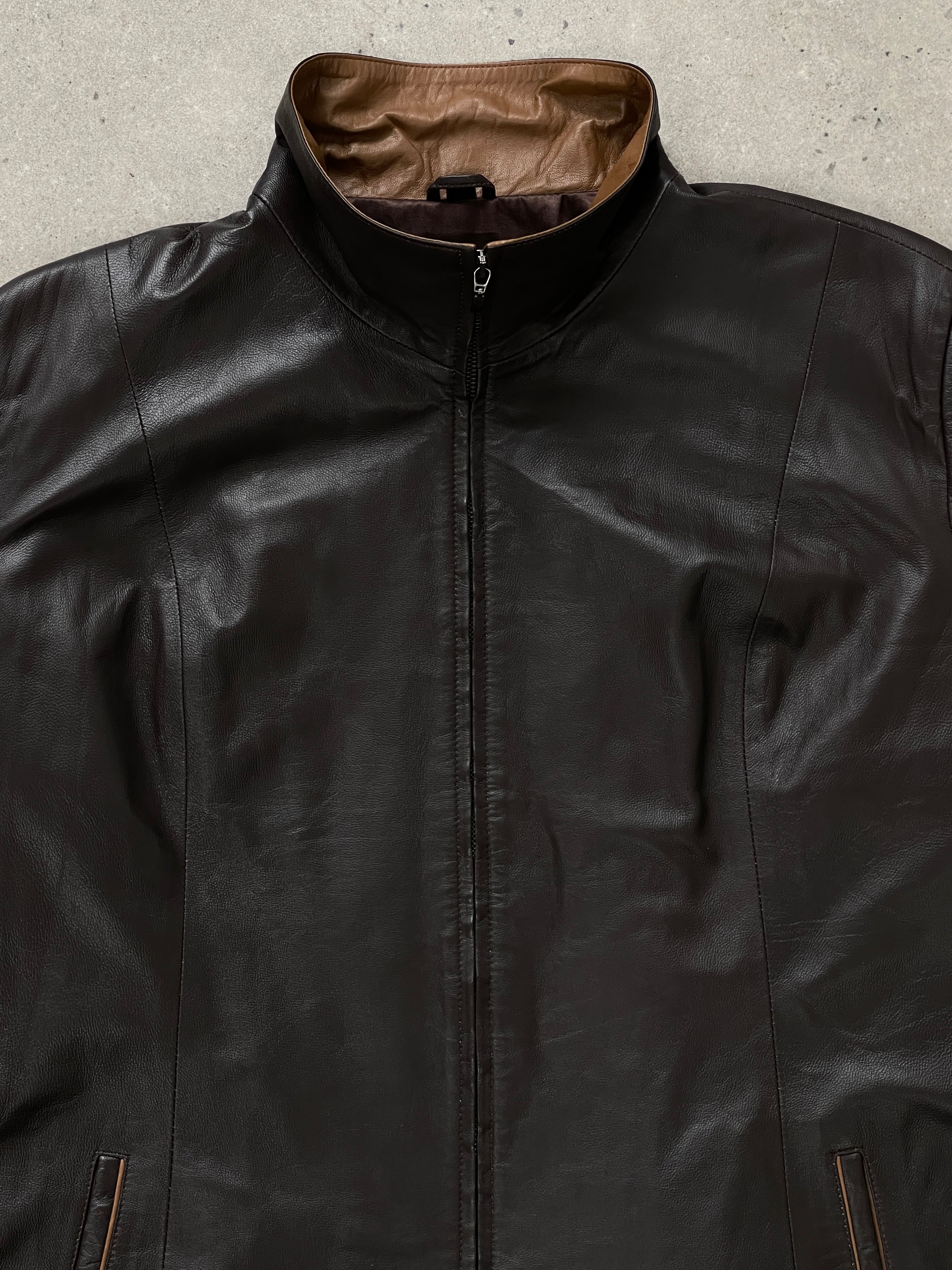 Vintage 1990s high neck contrast leather jacket in XL, featuring classic design and bold leather detail.