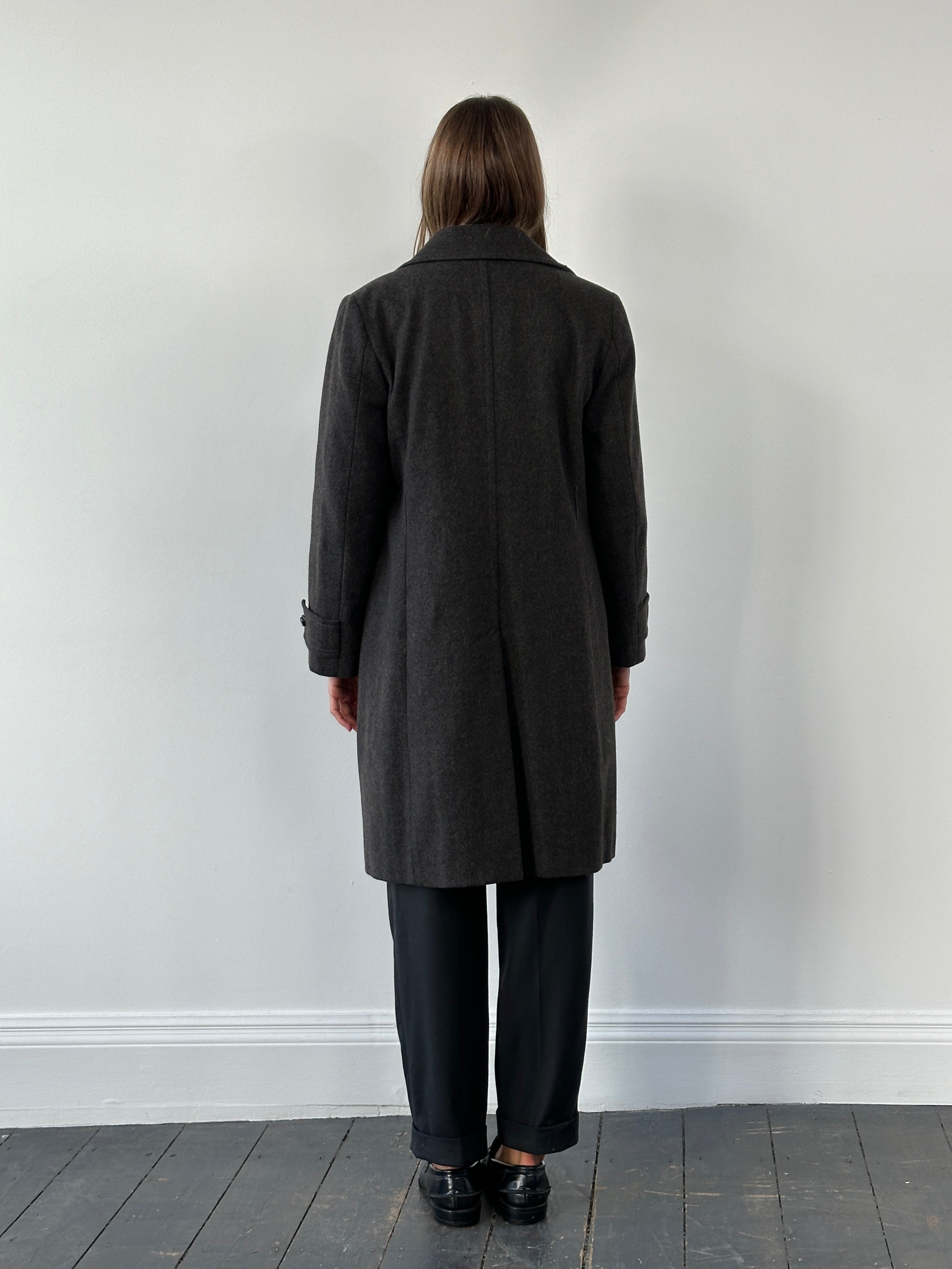Marella 2000s wool single-breasted coat in size M, shown on a hanger with front and side view details.