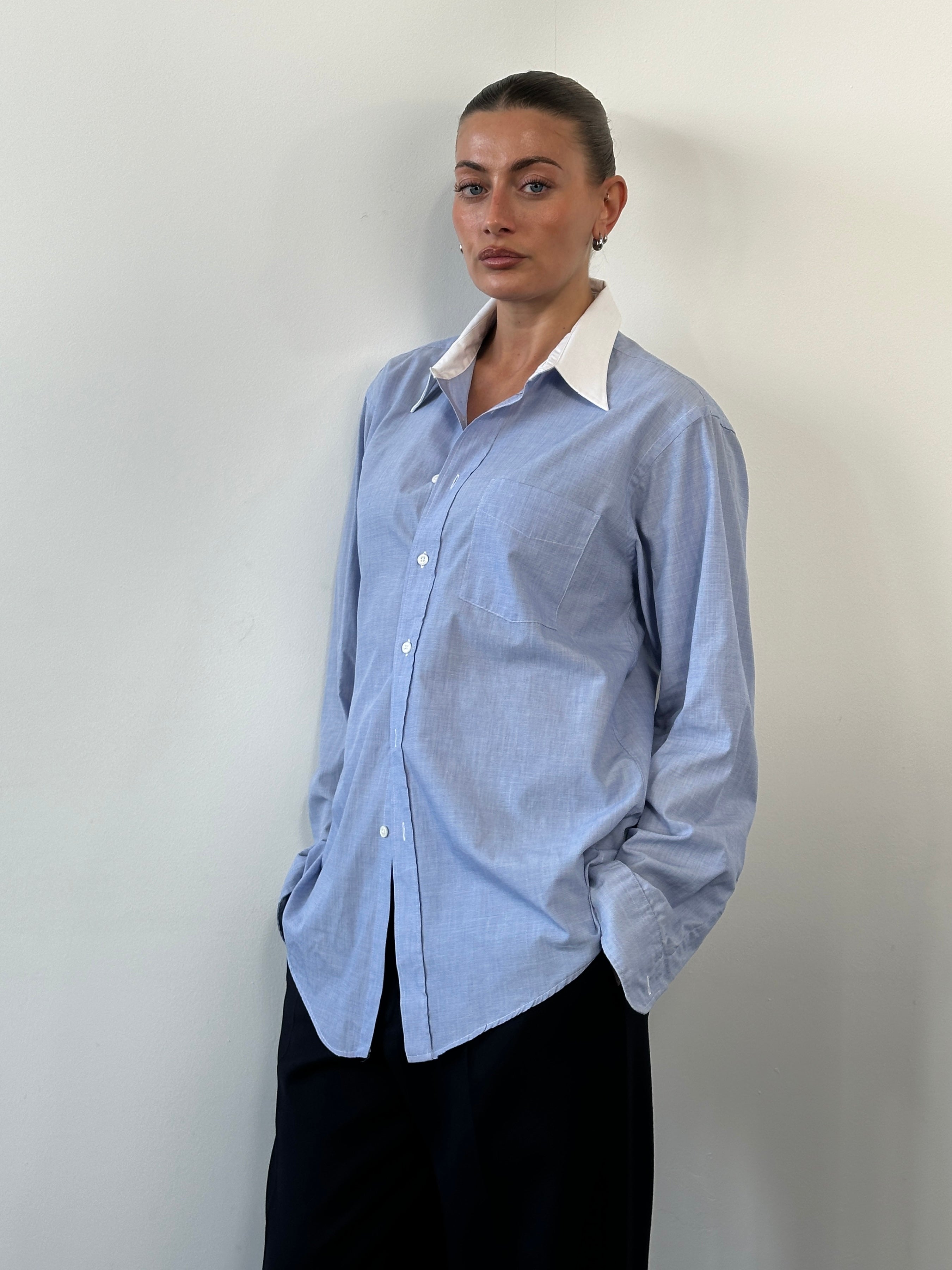 Christian Dior 1980s cotton shirt with contrasting collar, long sleeve, stylish vintage shirt in size L.