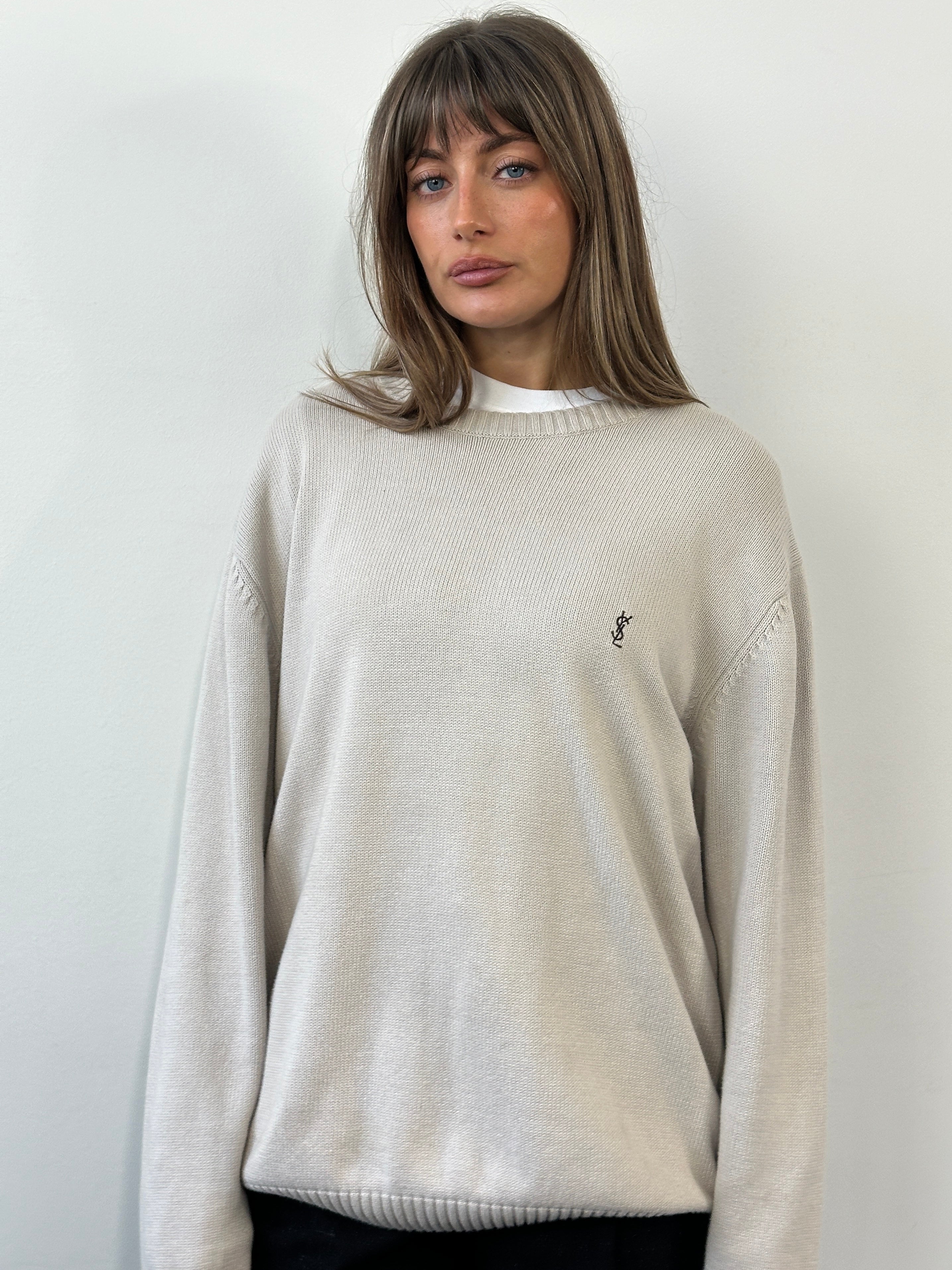 Yves Saint Laurent Pour Homme 1990s pure cotton knitted logo jumper in XL, featuring a classic design and YSL branding.