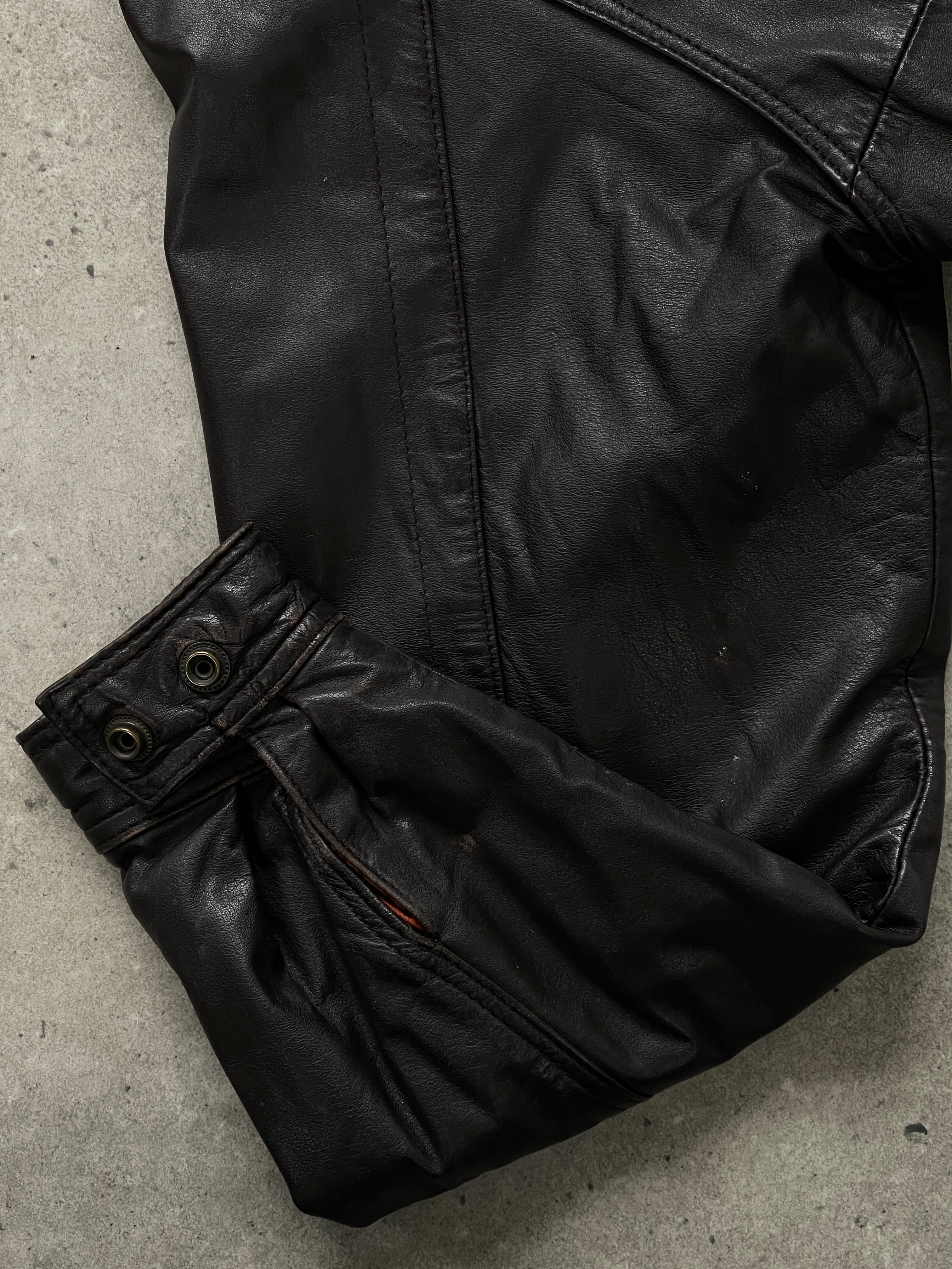 Valentino 1990s high neck leather bomber jacket, slim fit, black leather with stylish collar and zip detail.