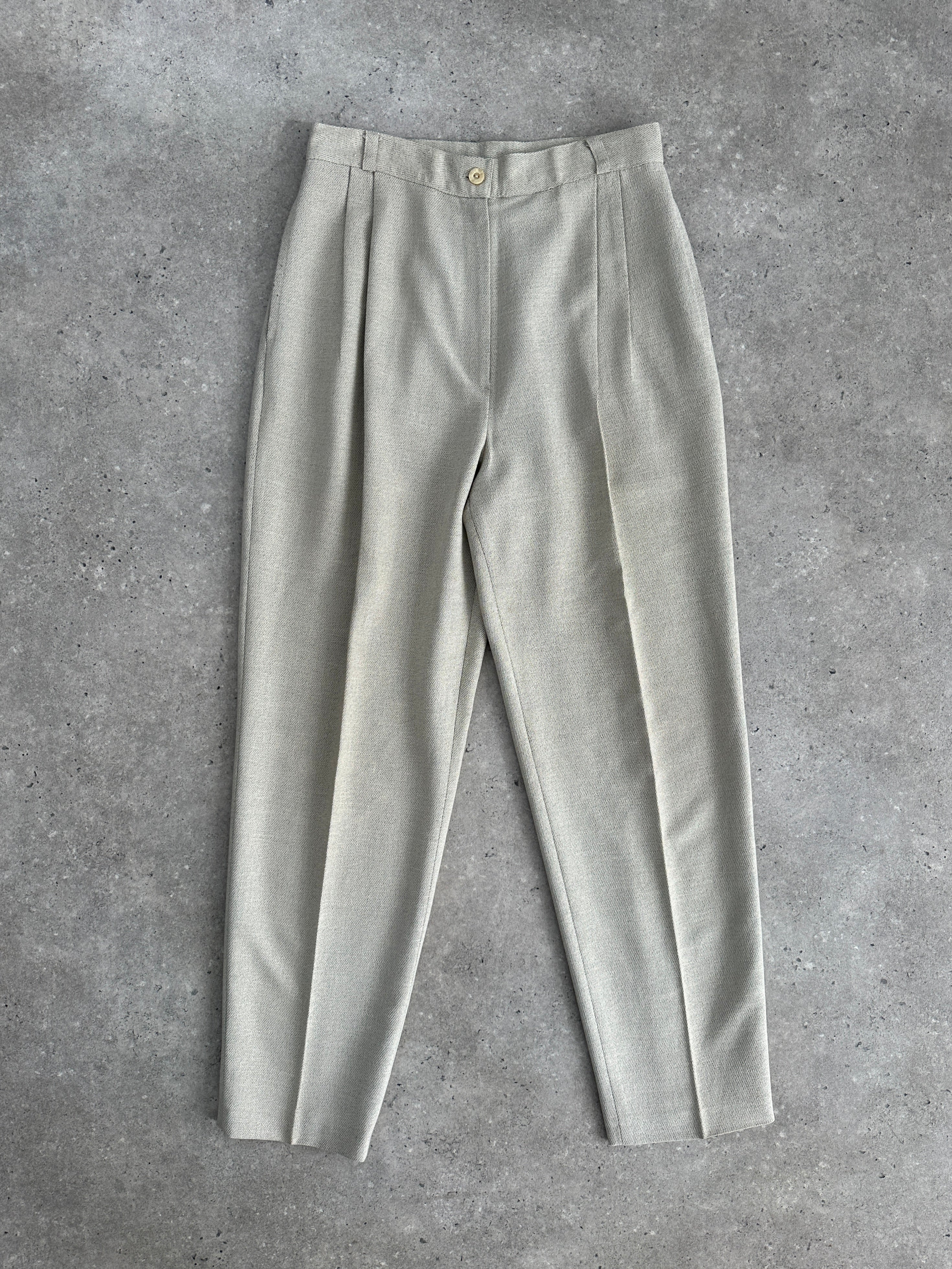 Vintage Italian high waist tapered leg tailored trousers, W26, showcasing classic design and elegant fit.