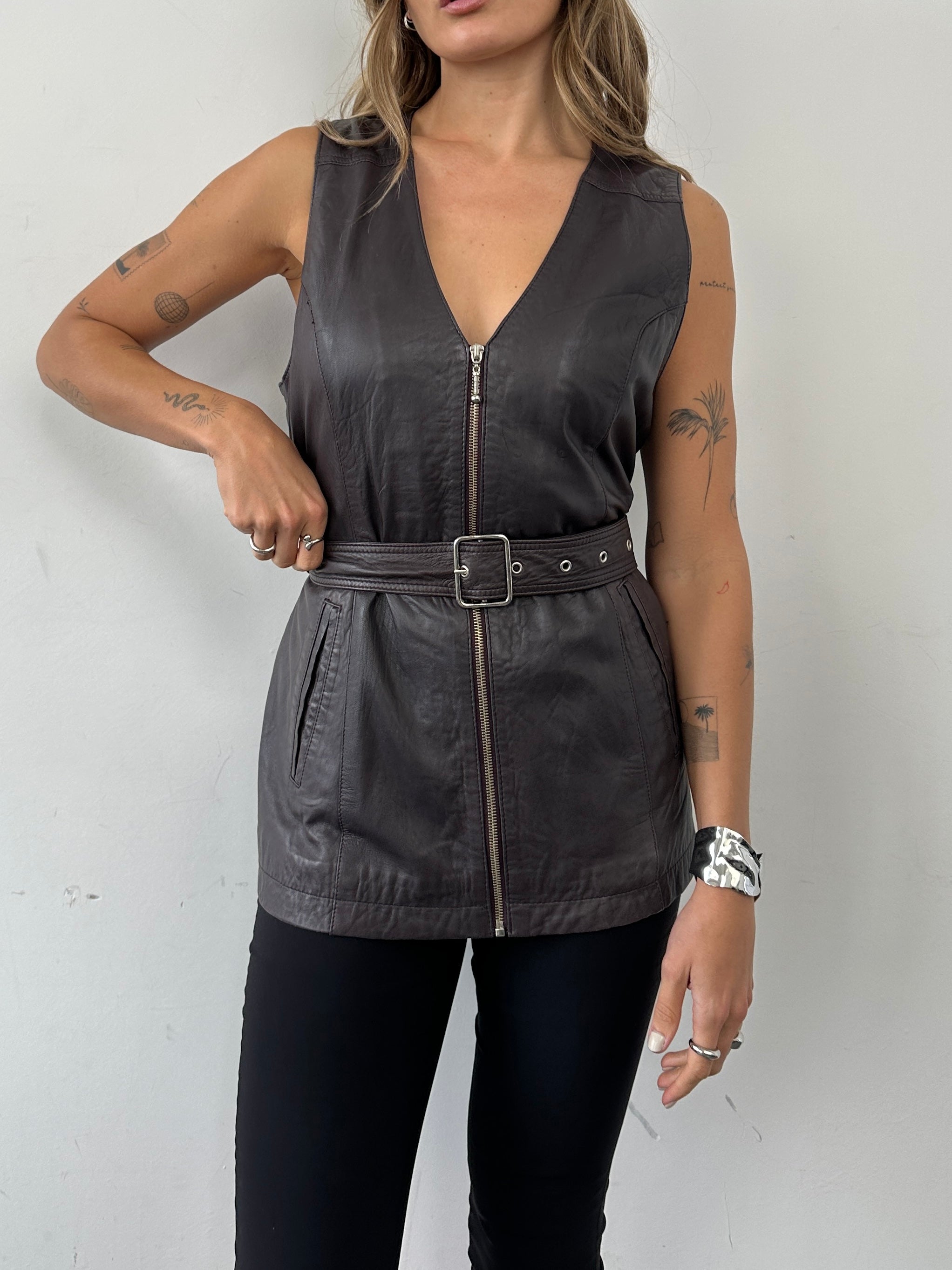 Vintage Leather Belted Waistcoat - M - SYLK