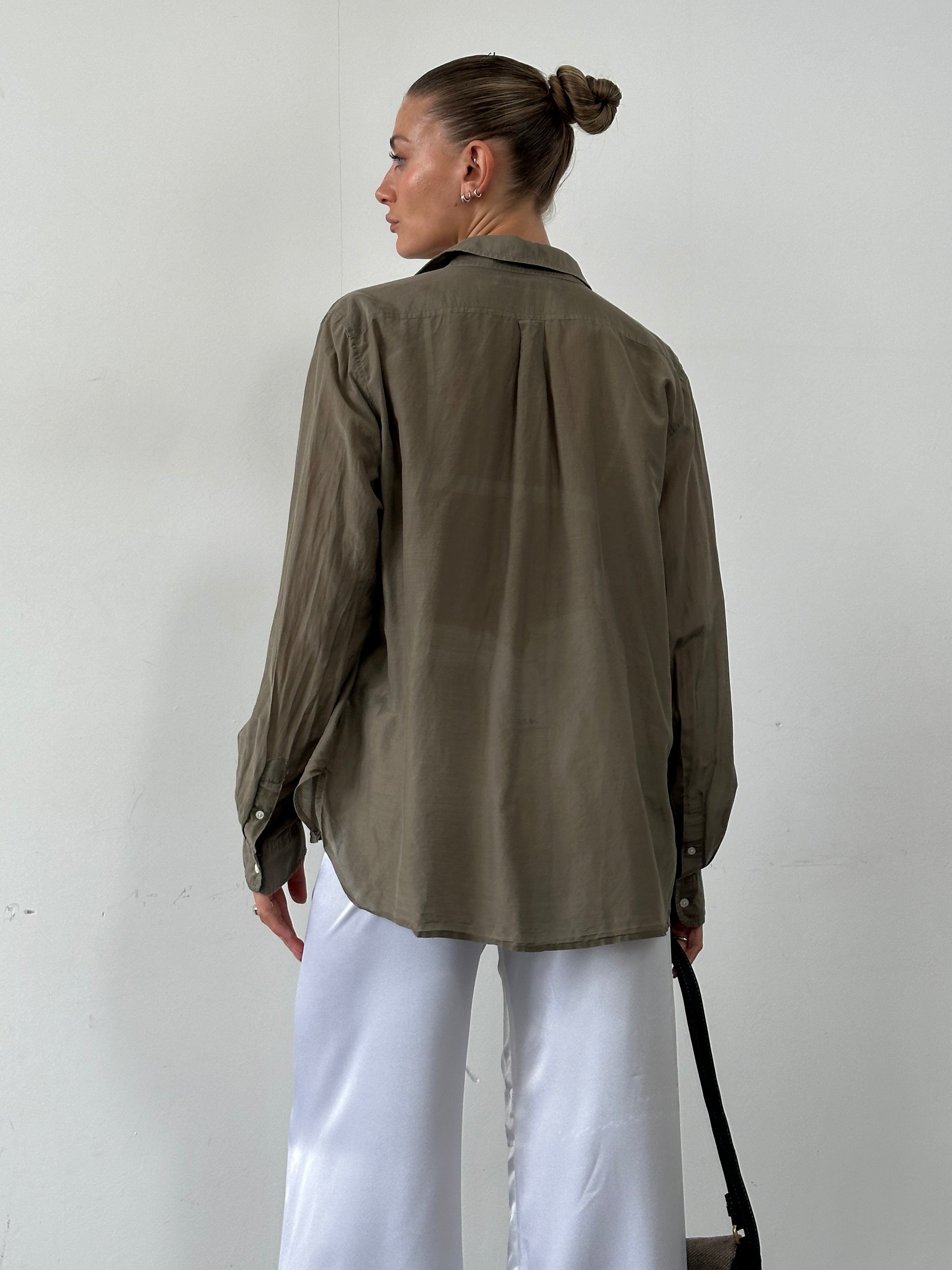Ralph Lauren silk cotton semi-sheer lightweight shirt in size L, featuring a relaxed fit and classic collar.