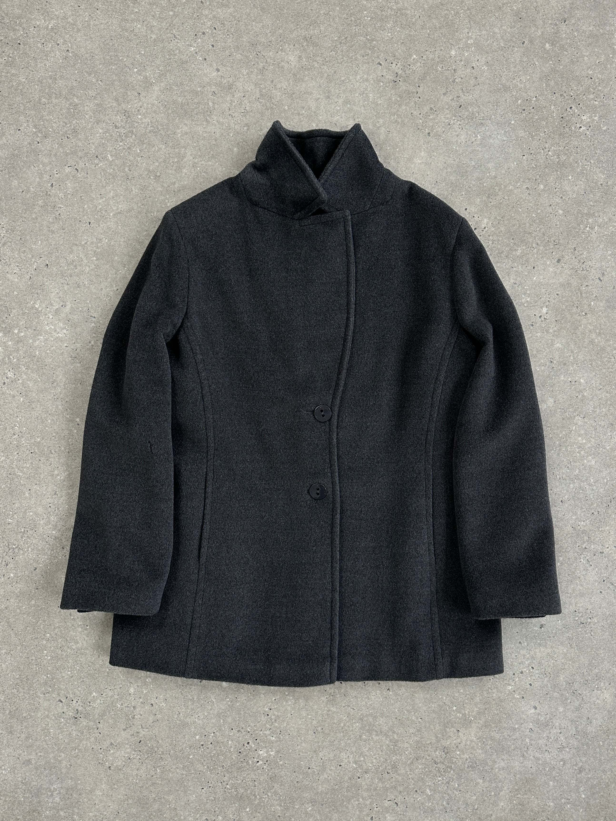 Krizia 1990s Virgin Wool Coat, medium size, stylish men's jacket with a classic design and textured wool fabric.
