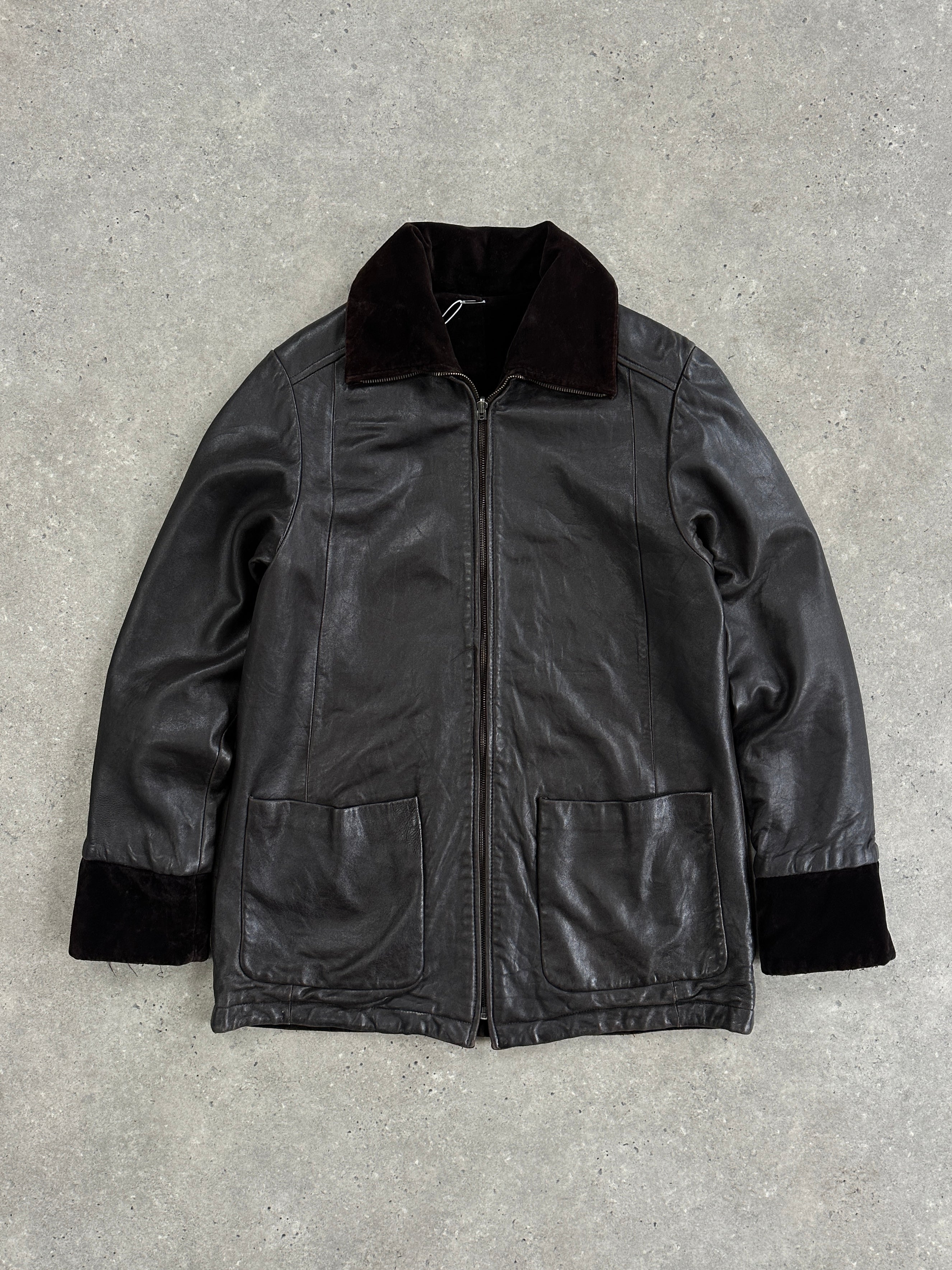 Kenneth Cole 1990s reversible leather and velvet jacket in size M, showing both the leather and velvet sides.