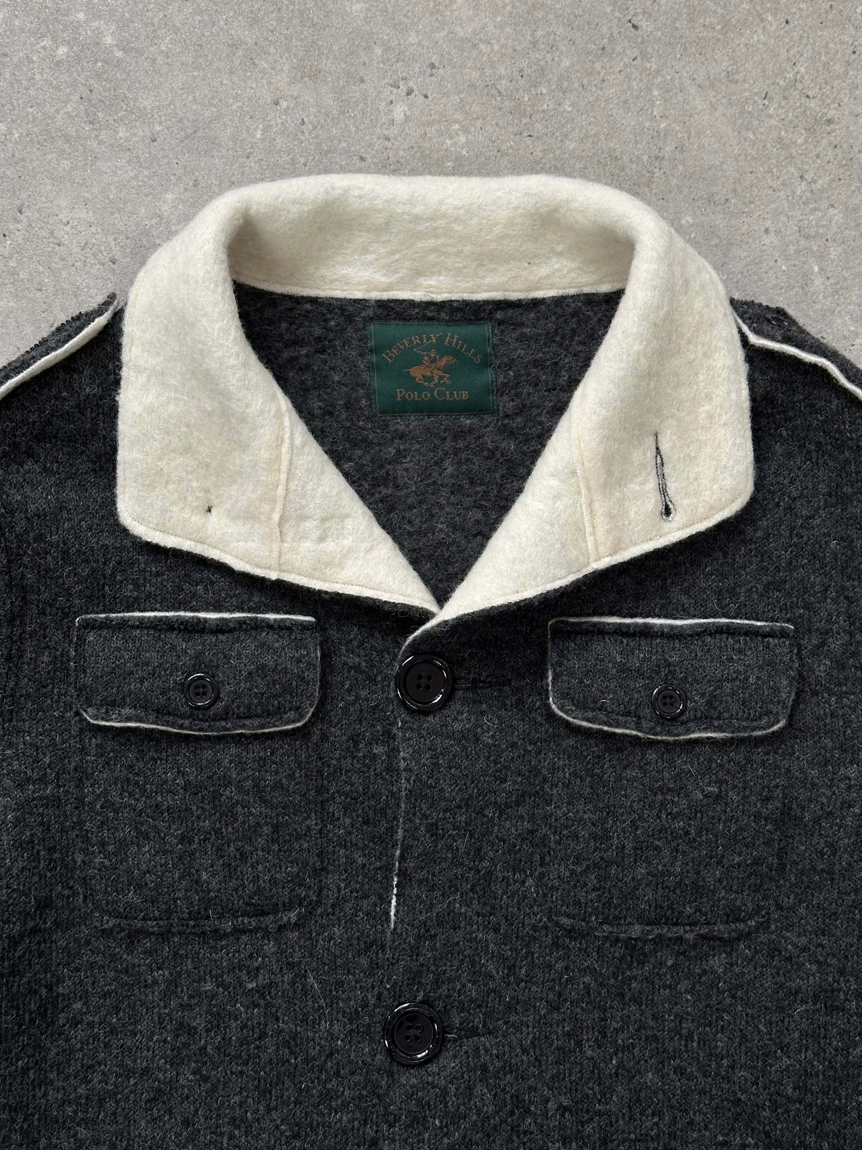Vintage 1990s wool high neck utility jacket in size large, featuring a classic design and durable fabric.