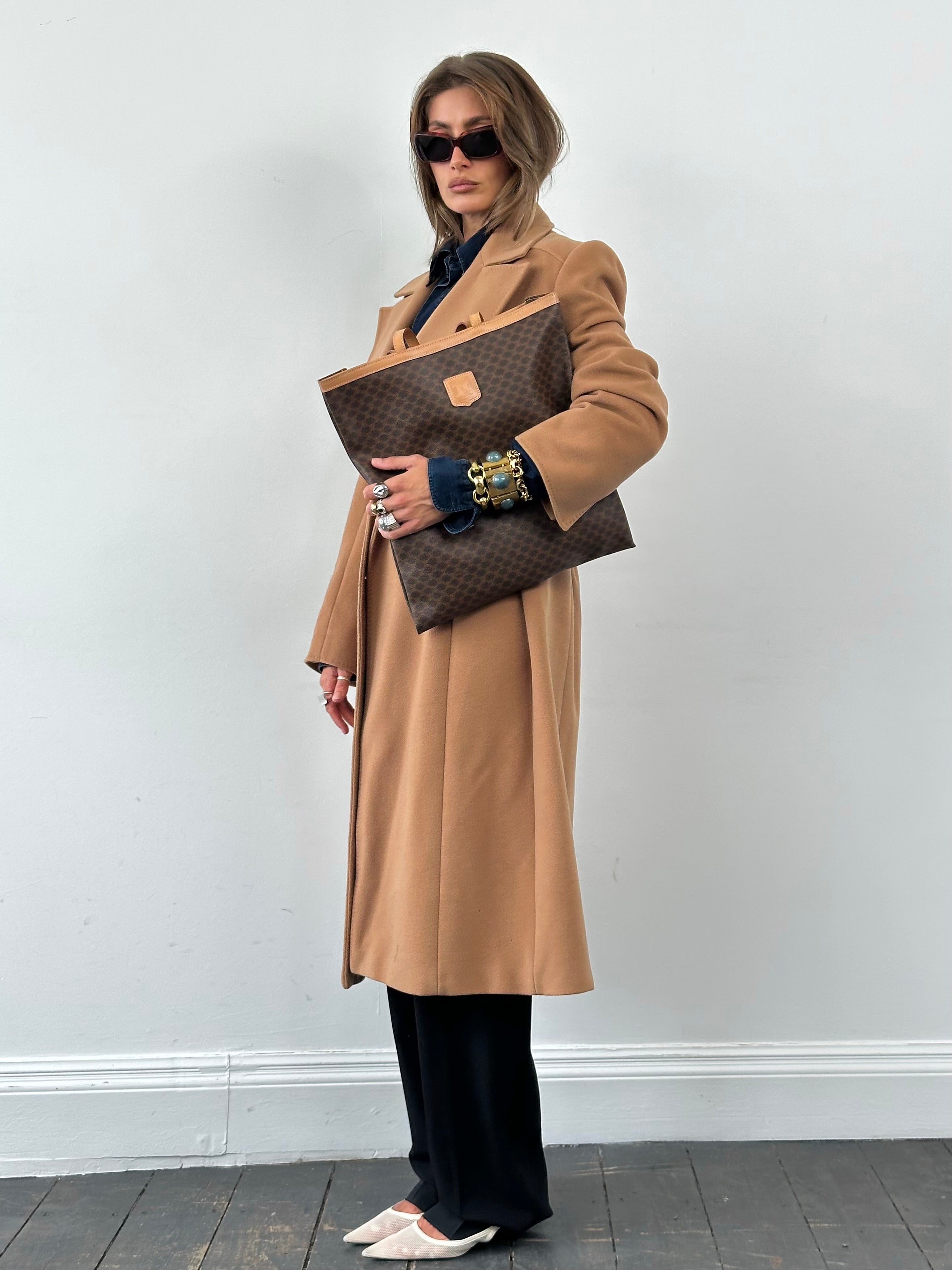 Valentino 1990s pure wool double-breasted coat with belt, tailored bespoke design in size L, stylish vintage outerwear.