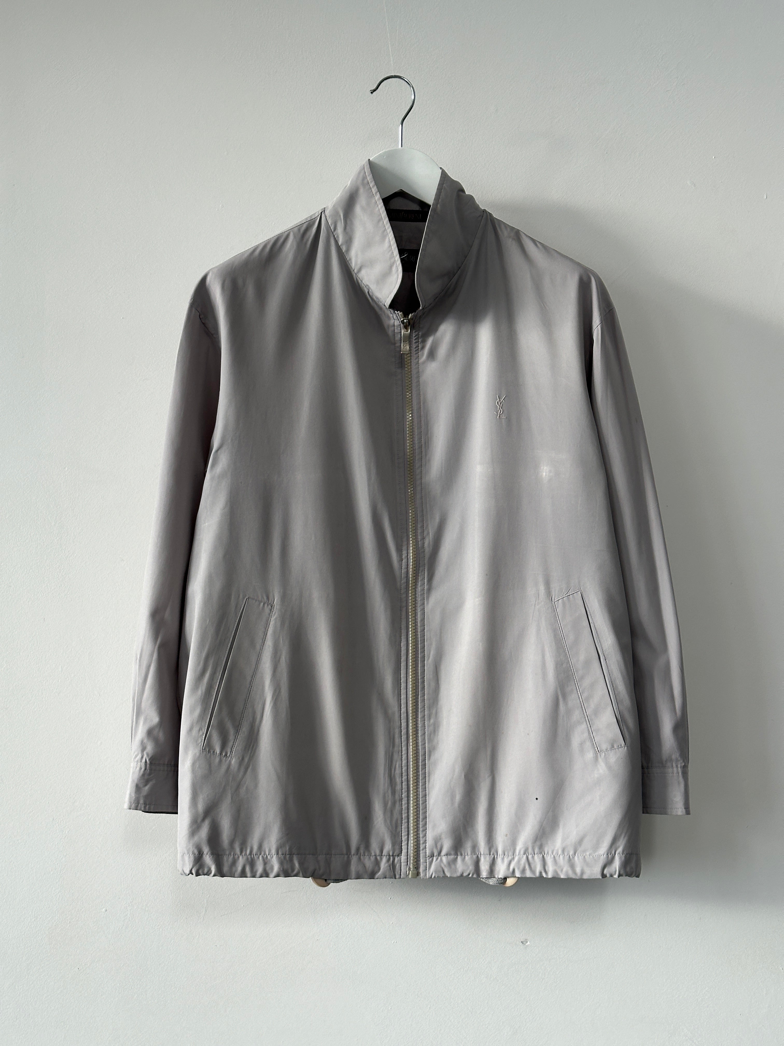 Yves Saint Laurent logo bomber jacket in size M, black with signature YSL branding, stylish outerwear for casual wear.