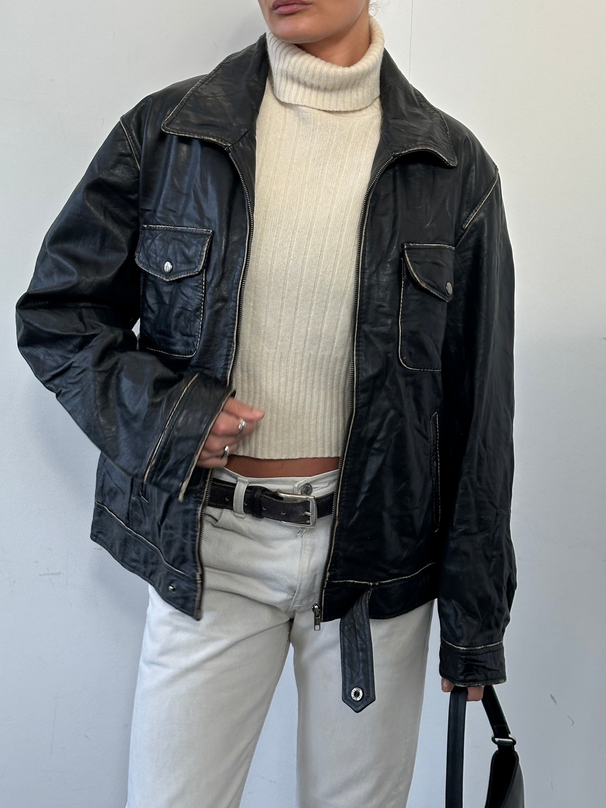 Vintage Contrast Stitch Leather Biker Jacket - L - SYLK