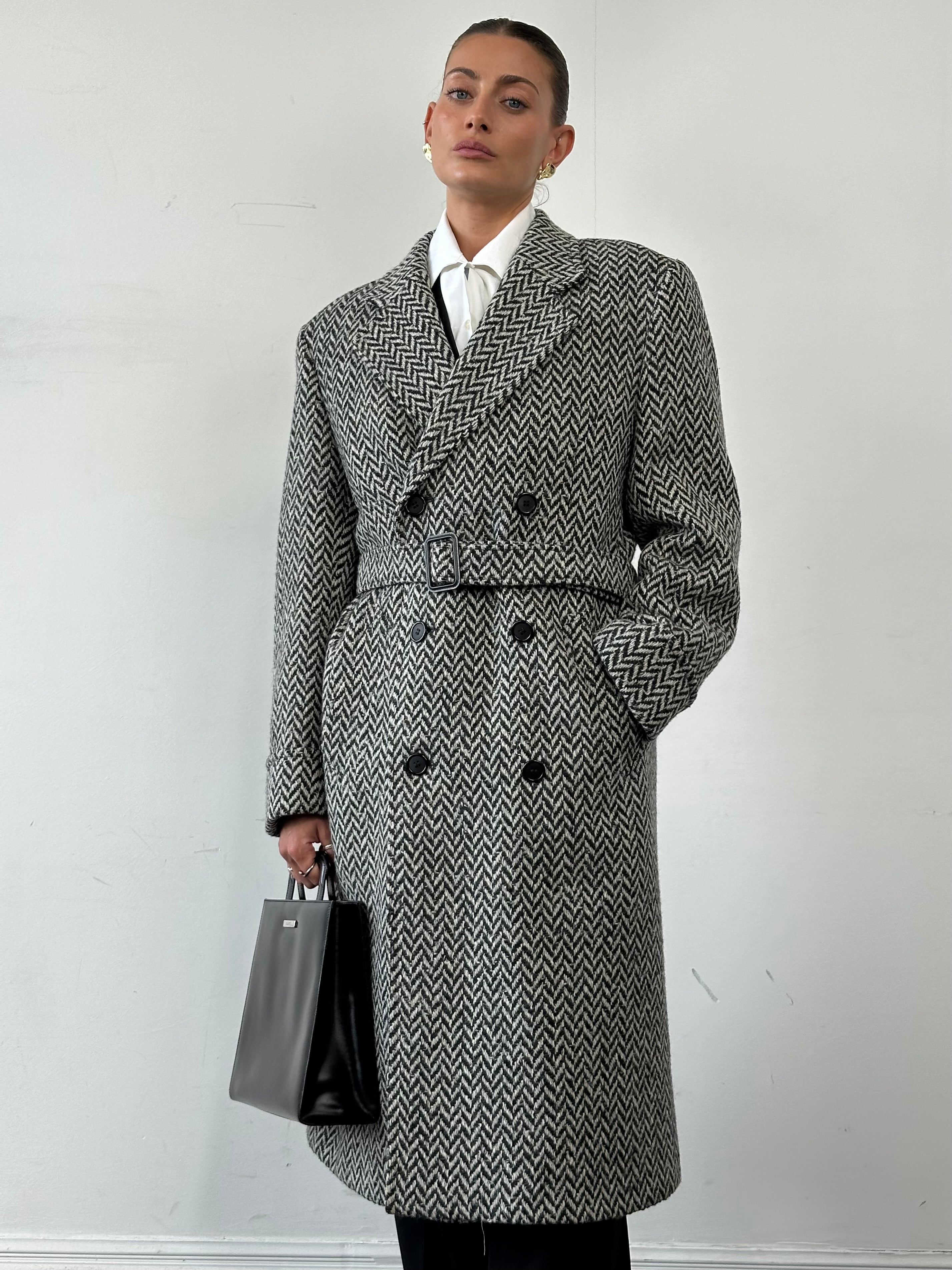 Pierre Cardin pure wool herringbone belted coat in XL, showcasing classic pattern, tailored fit, and stylish belt detail.