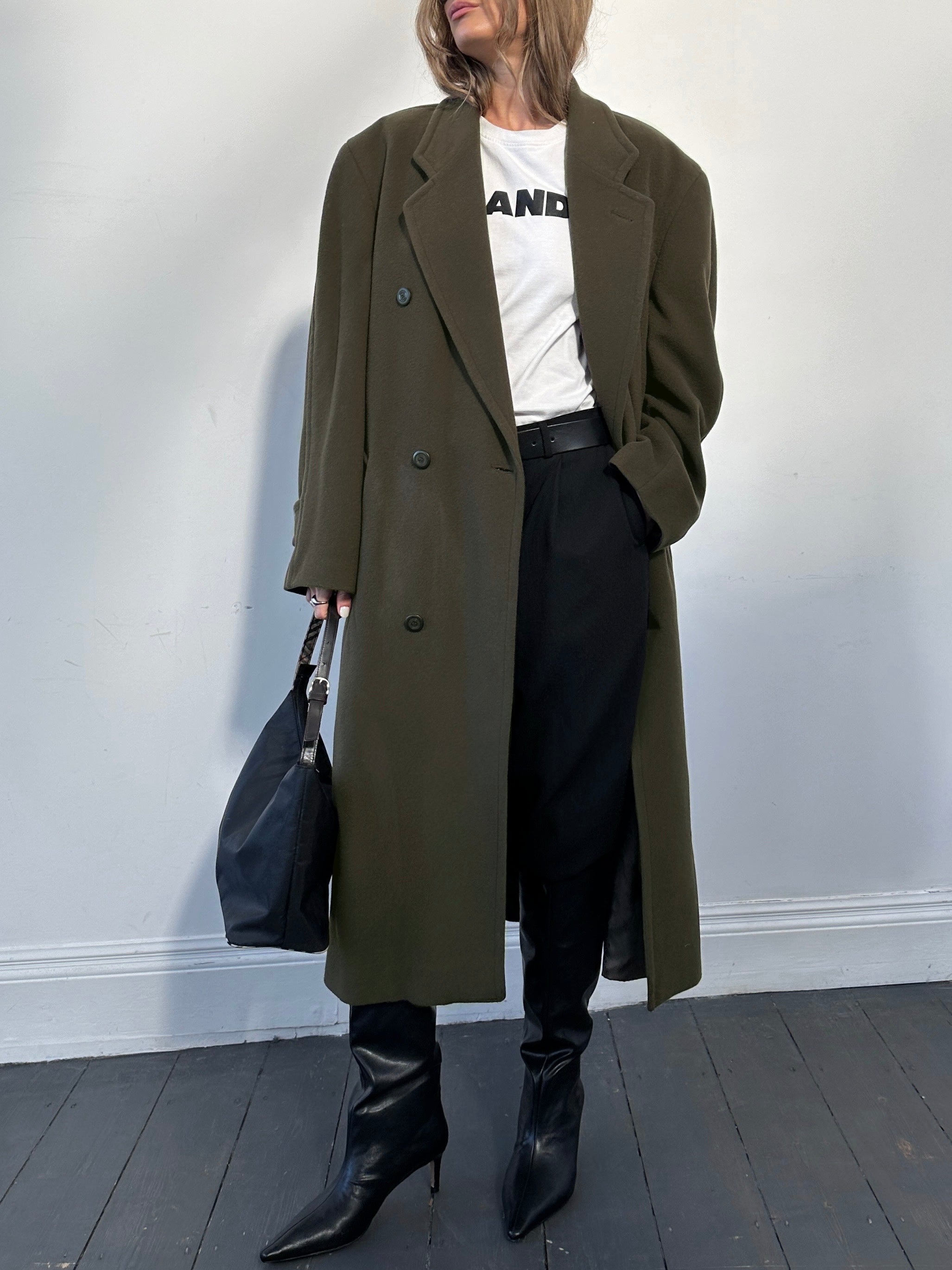 Vintage double-breasted wool and cashmere floor-length coat with belt in XL size, showcasing classic style and warm fabric.