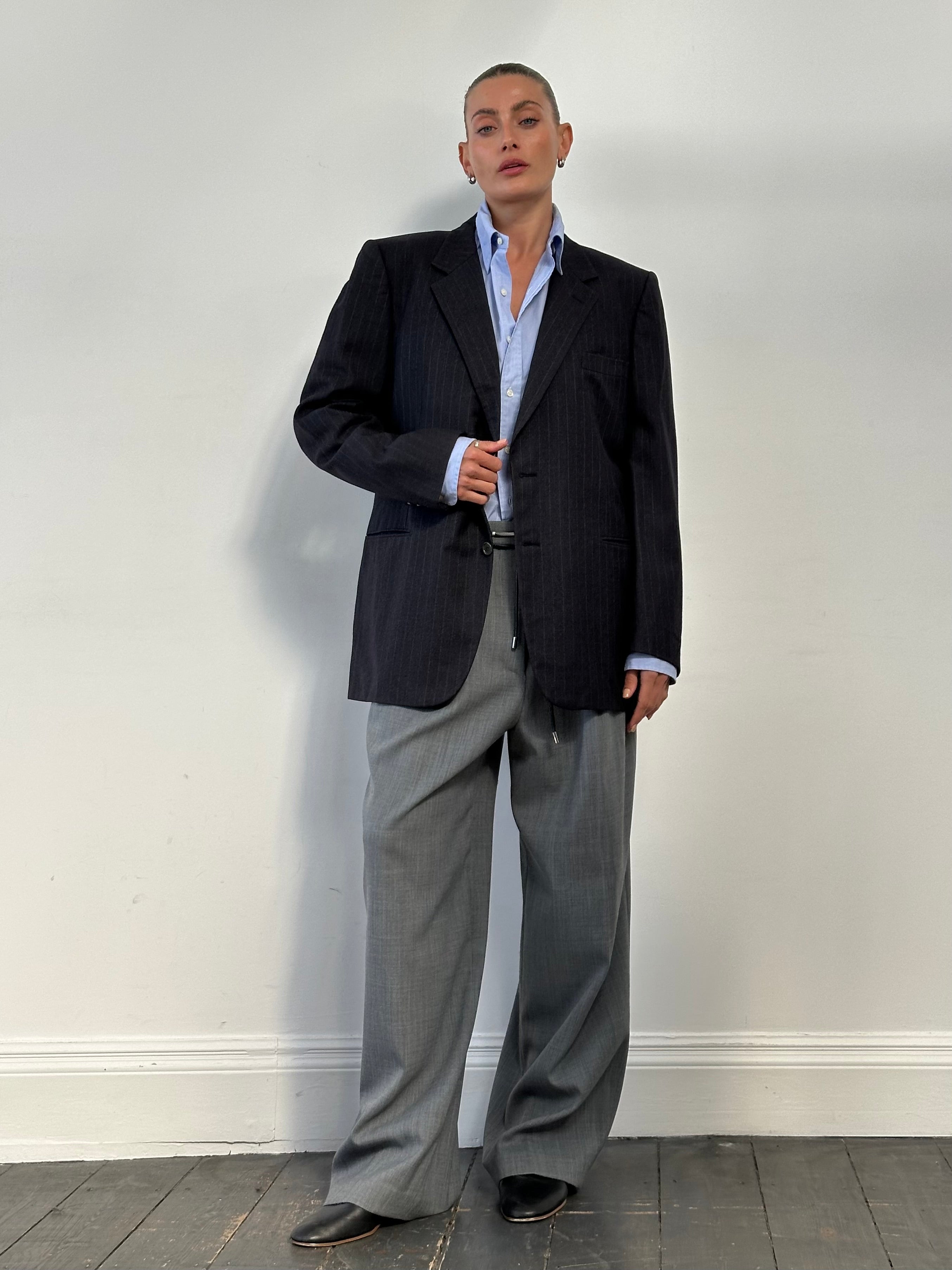 Burberry Pure Wool Stripe Single Breasted Blazer in size 44R/XL, featuring classic striped pattern and tailored fit.