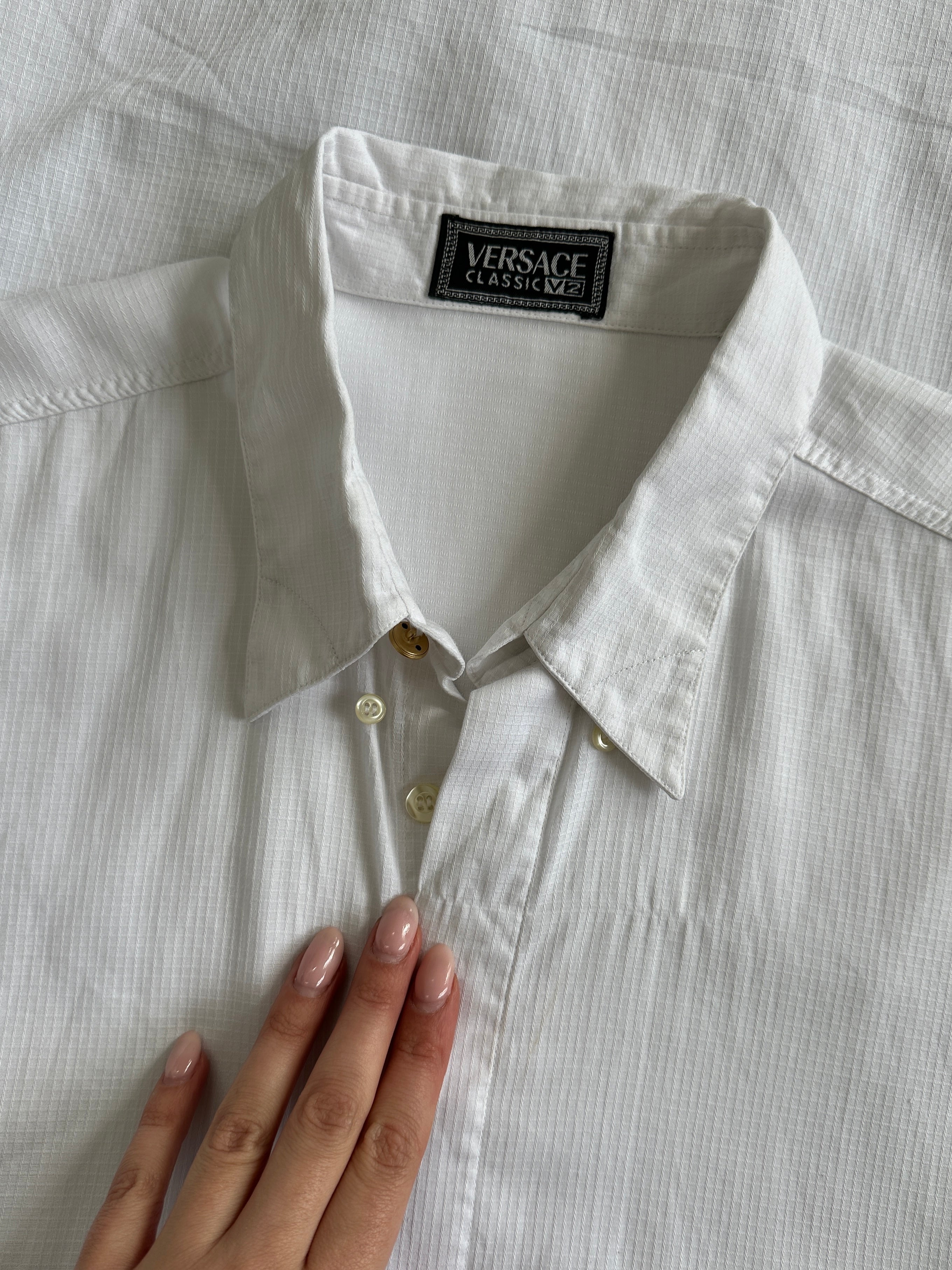 Versace Classic V2 Pure Cotton Shirt in XL, showing the stylish collar and fabric texture of the men's dress shirt.