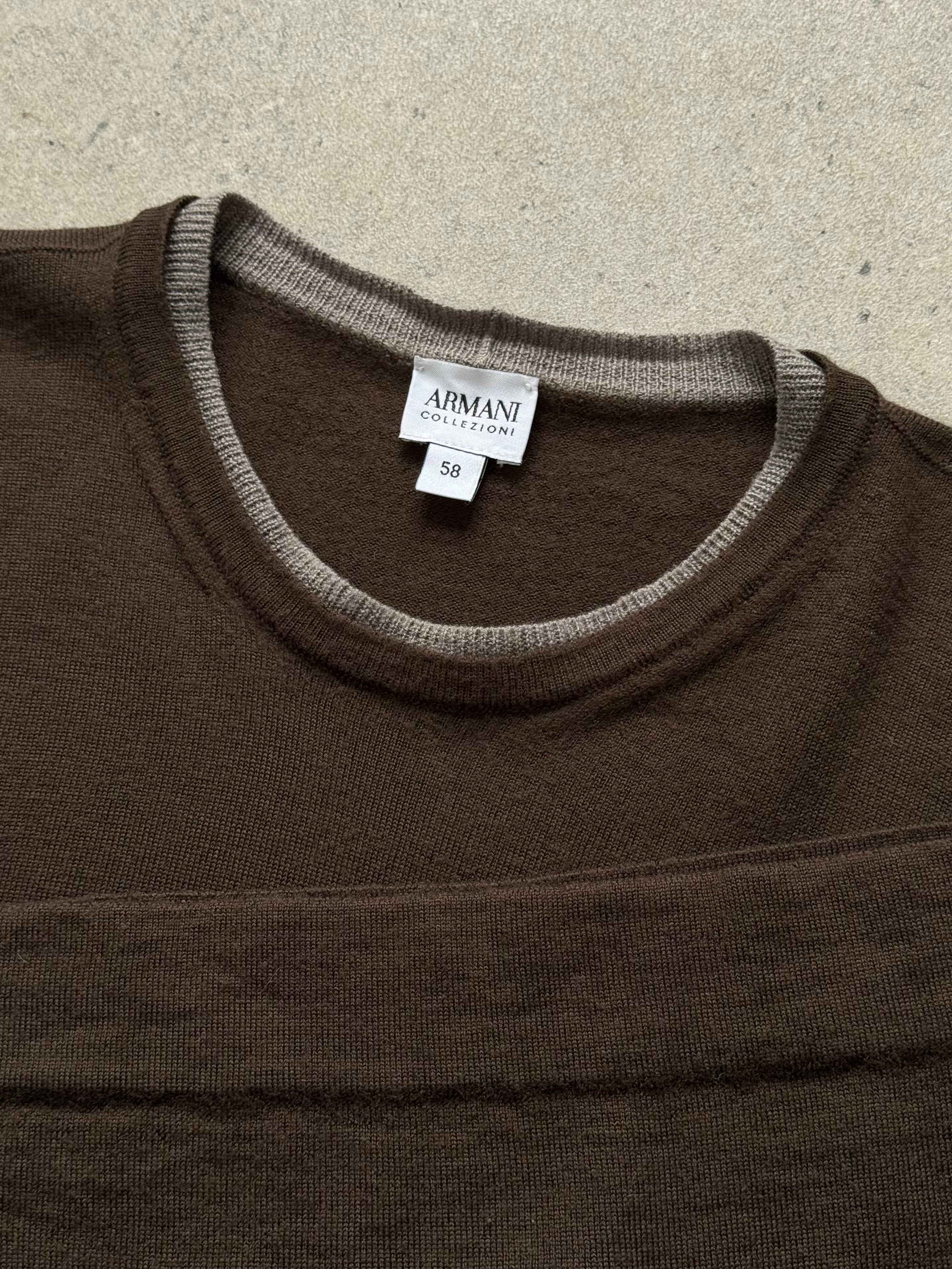Armani Collezioni 2000s pure wool layered knit jumper in size M/L, featuring a textured, cozy design and classic style.
