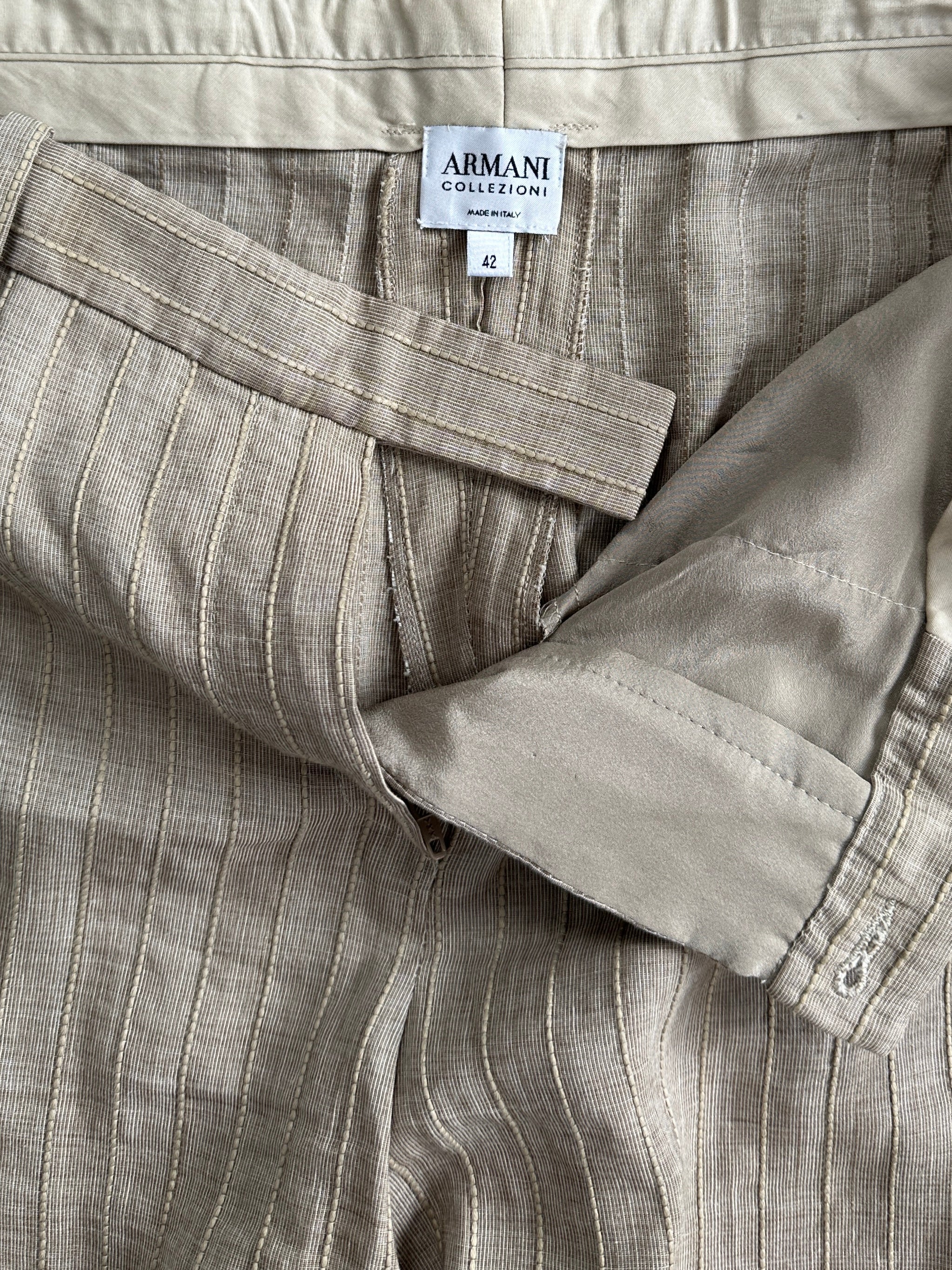Armani Collezioni cotton linen striped mid-rise straight leg trousers in W26, featuring a classic tailored fit and subtle pattern.