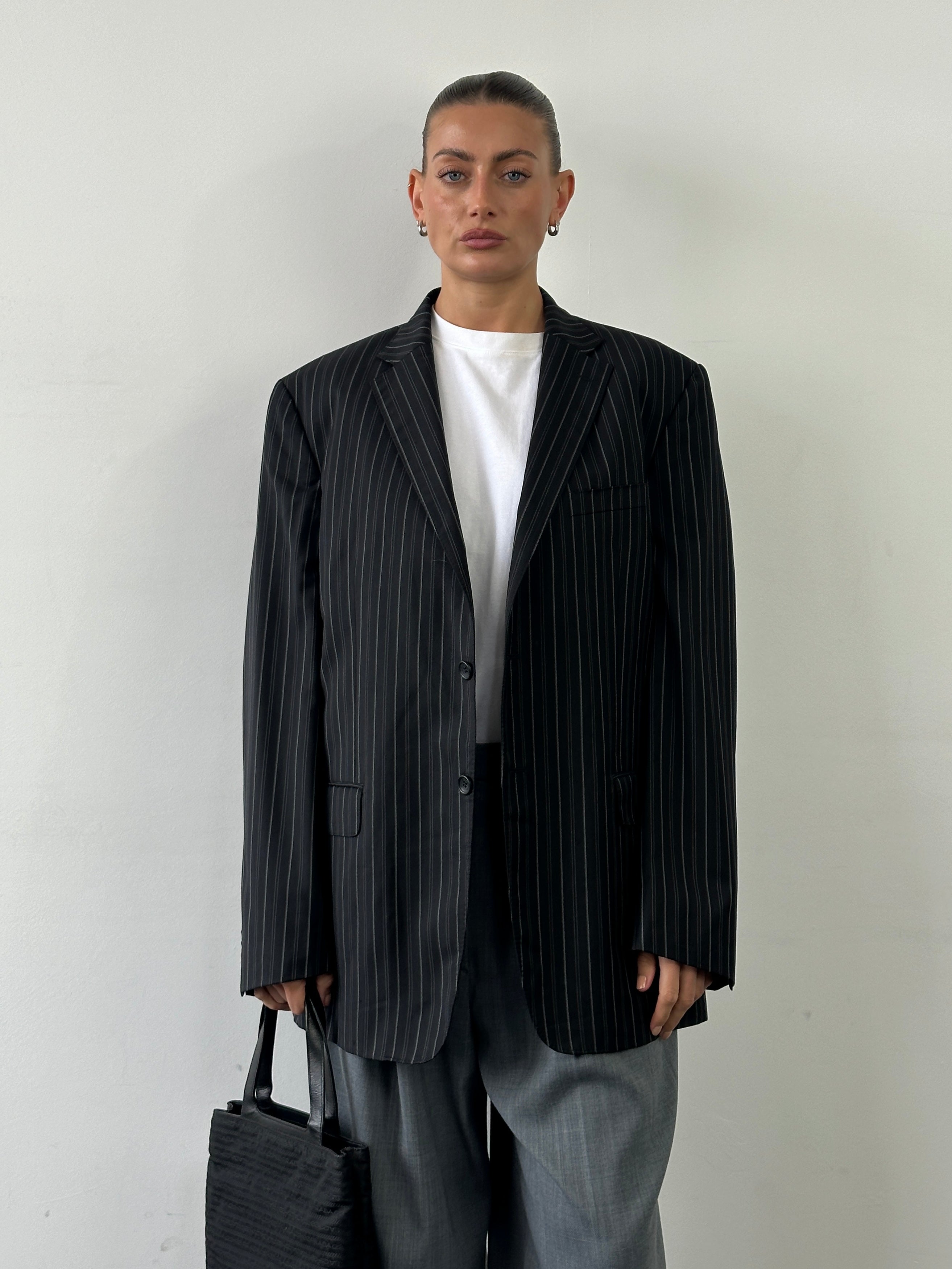 Versace Collection 2000s stripe pure wool single-breasted blazer, size 46R/XL, featuring classic tailored design and bold stripe pattern.