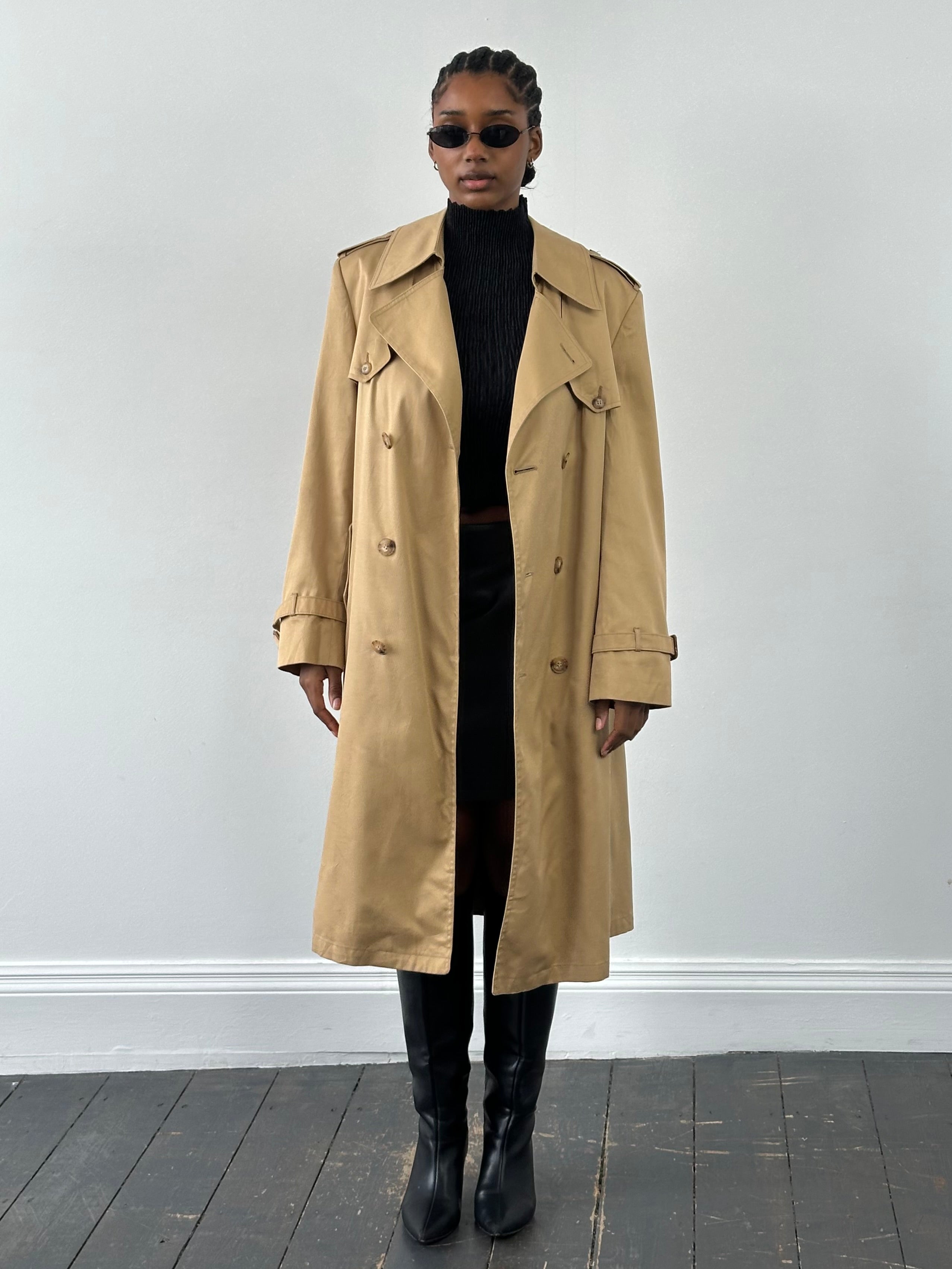 Christian Dior Paris 1980s cotton double-breasted trench coat, stylish and classic, in size L, displayed on a neutral background.