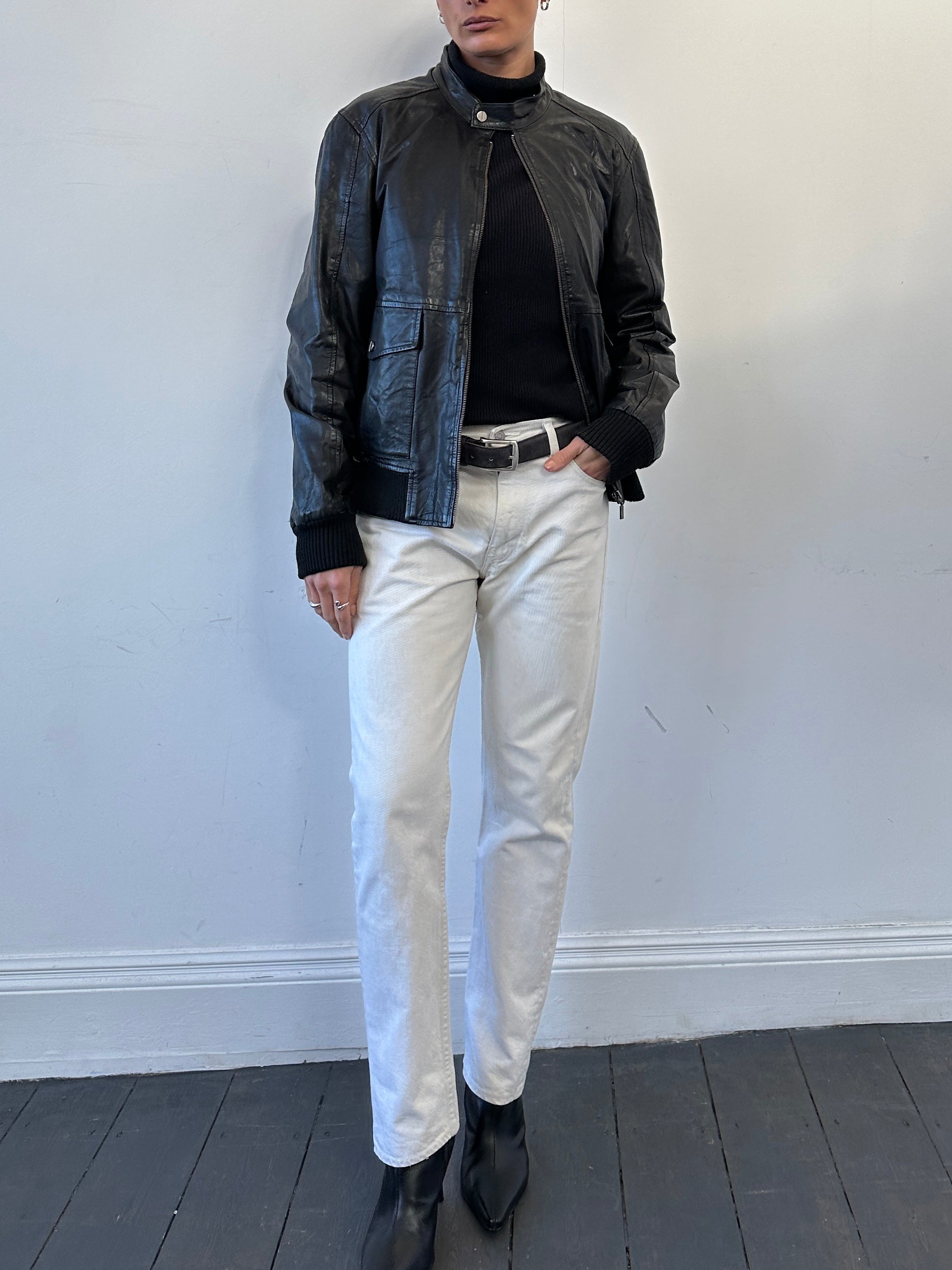 Conbipel moto leather bomber jacket in black, size S/M, featuring a classic design with a smooth leather finish and zip details.
