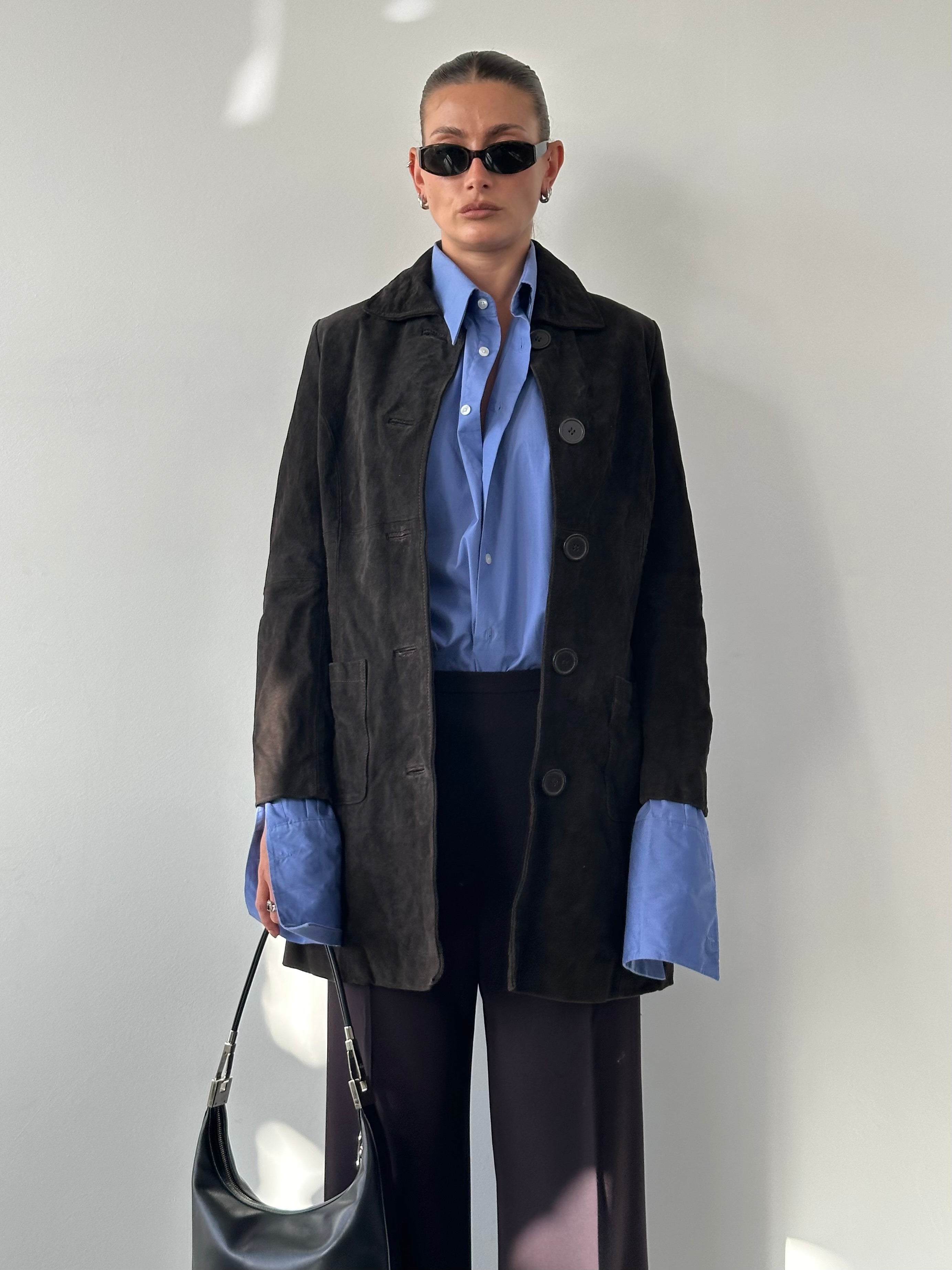 Vintage suede trench coat jacket in size small, featuring classic design and textured suede material.
