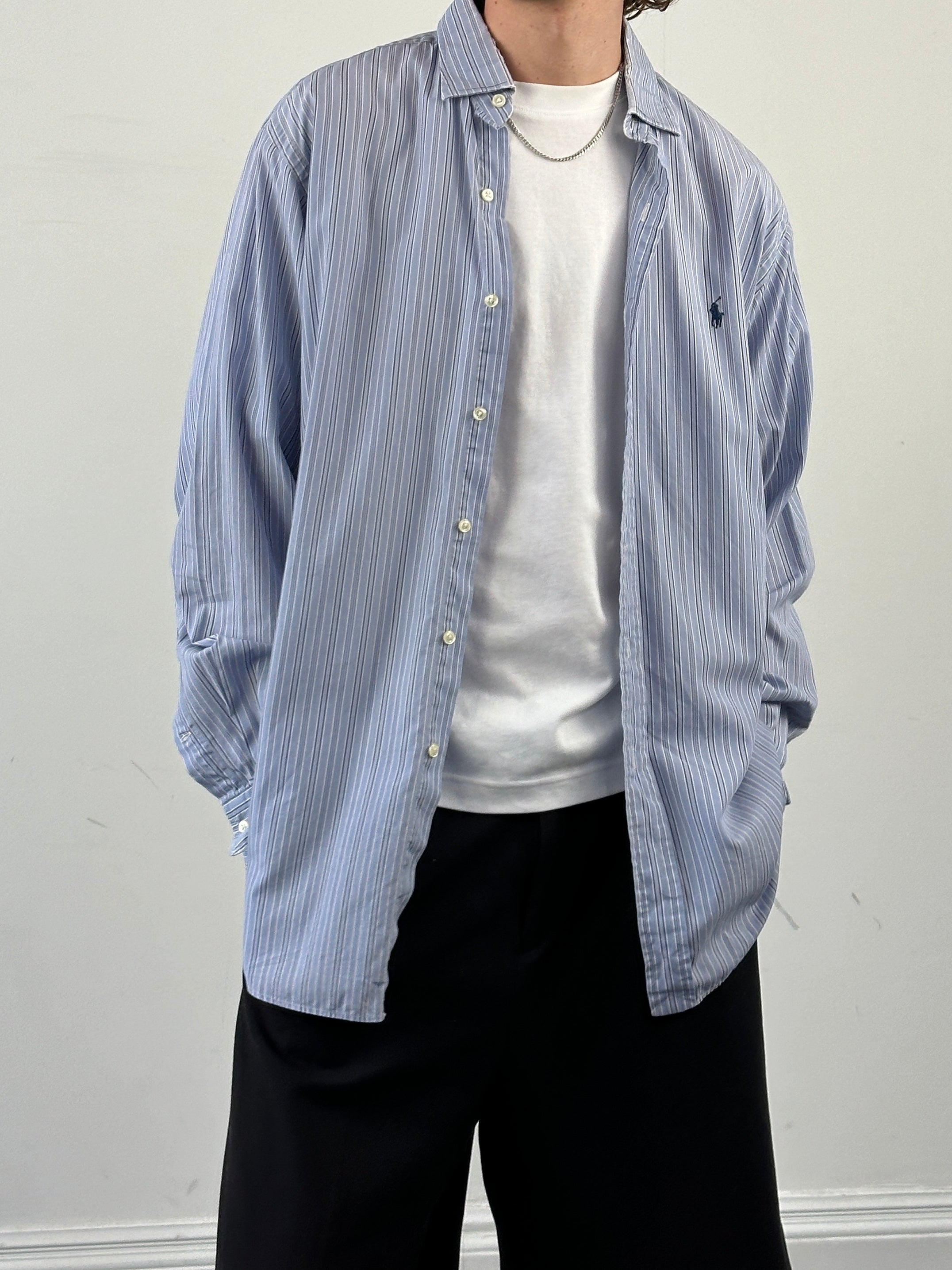 Ralph Lauren men's XL striped cotton shirt with a classic collar and button-down front, featuring a multicolor stripe pattern.