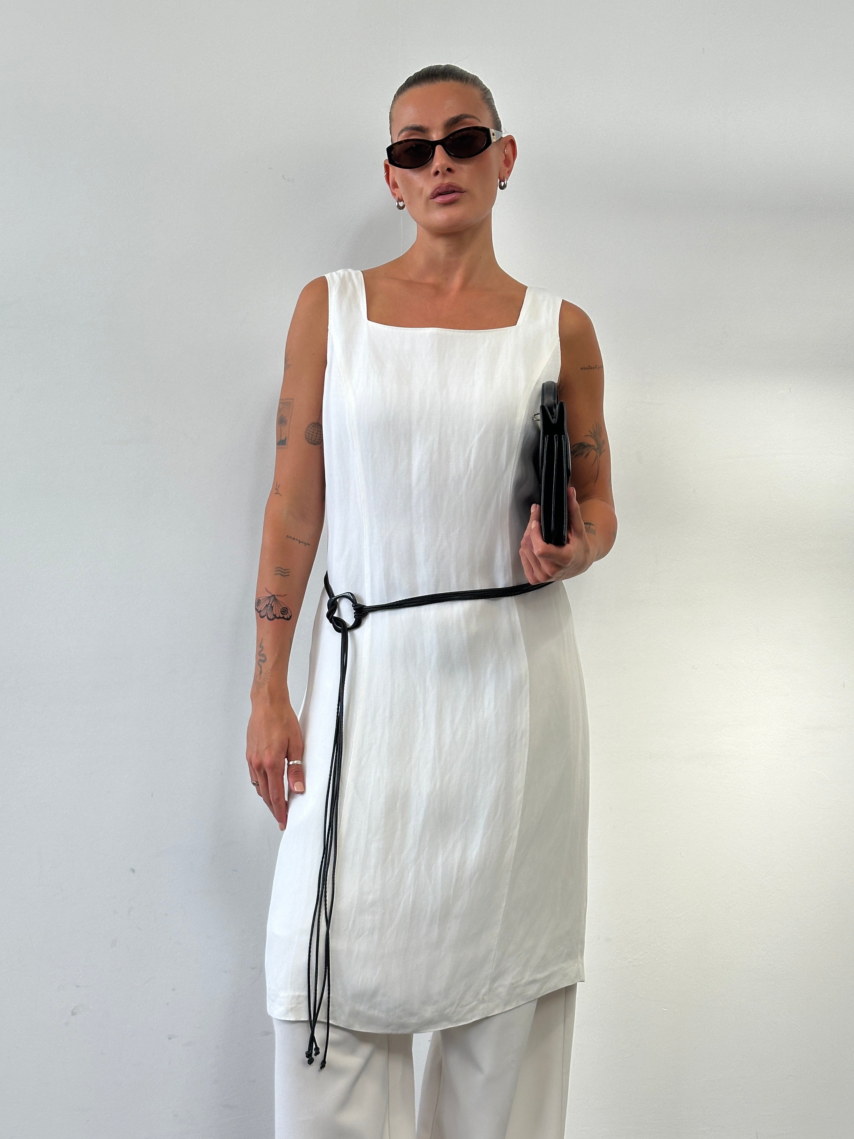 Max Mara linen square neck midi dress in size M/L displayed on a hanger, featuring a stylish, lightweight design perfect for warm weather.