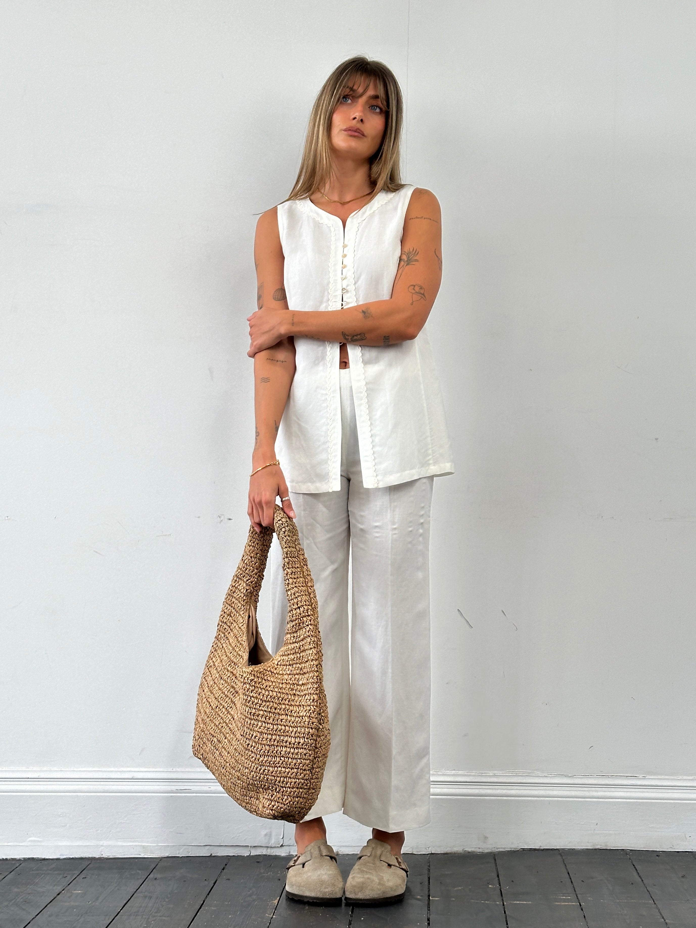 Marella linen embroidery waistcoat and trousers two-piece set in natural fabric, featuring detailed embroidery and tailored fit.
