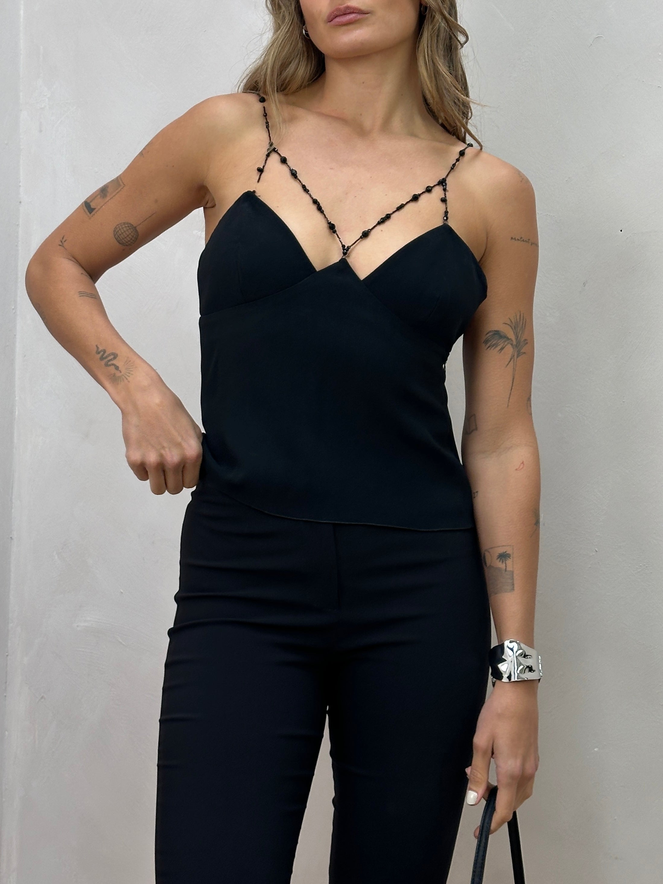 Emporio Armani beaded crop cami top in XS, featuring intricate bead detailing and a stylish sleeveless design.