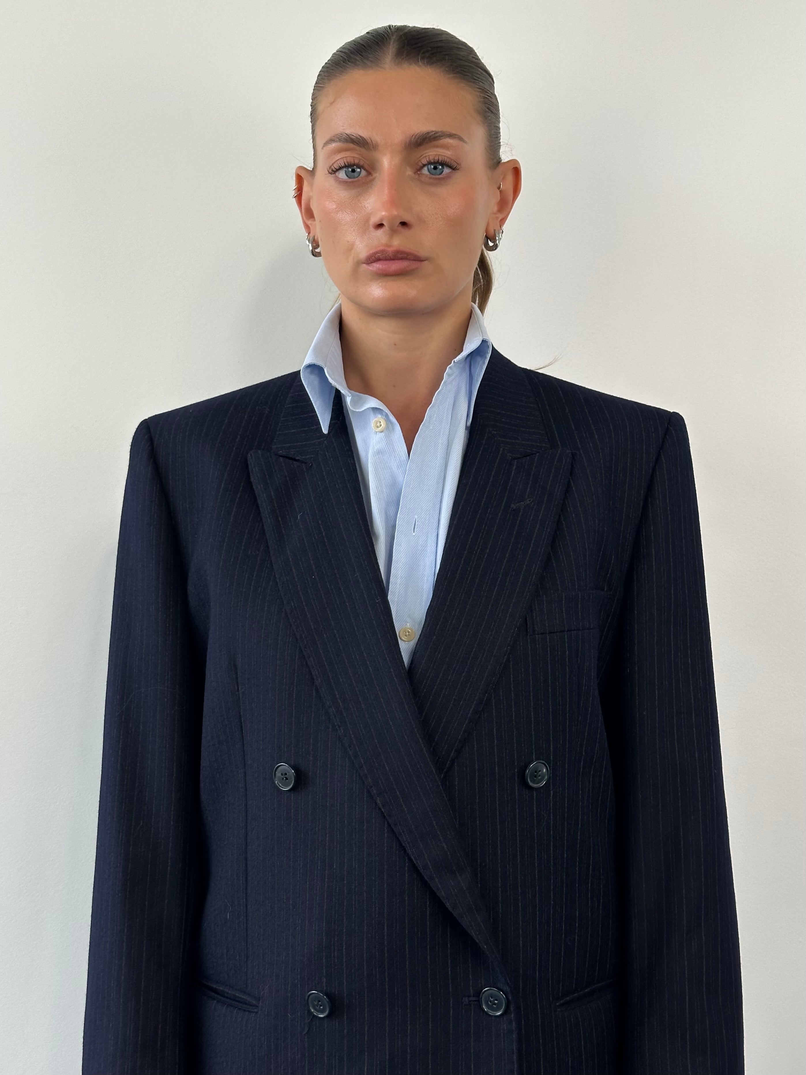Vintage pure brushed wool stripe double-breasted blazer in size 42R/L, featuring classic tailored fit and stylish design.