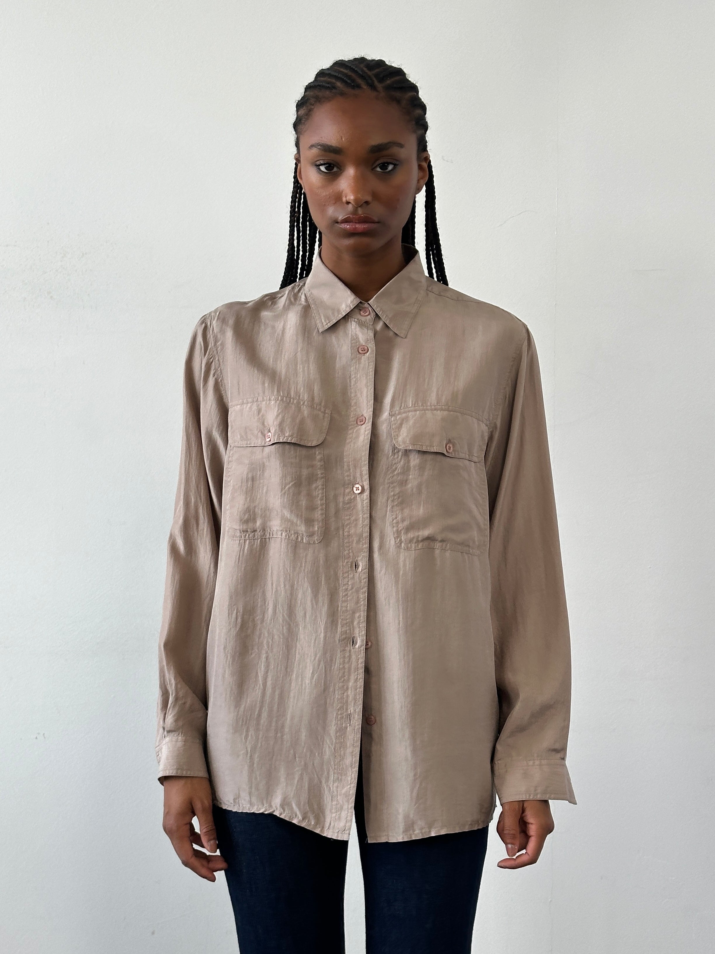 Vintage 1990s pure silk shirt in size M/L, featuring a classic design with a smooth, shiny fabric and tailored fit.