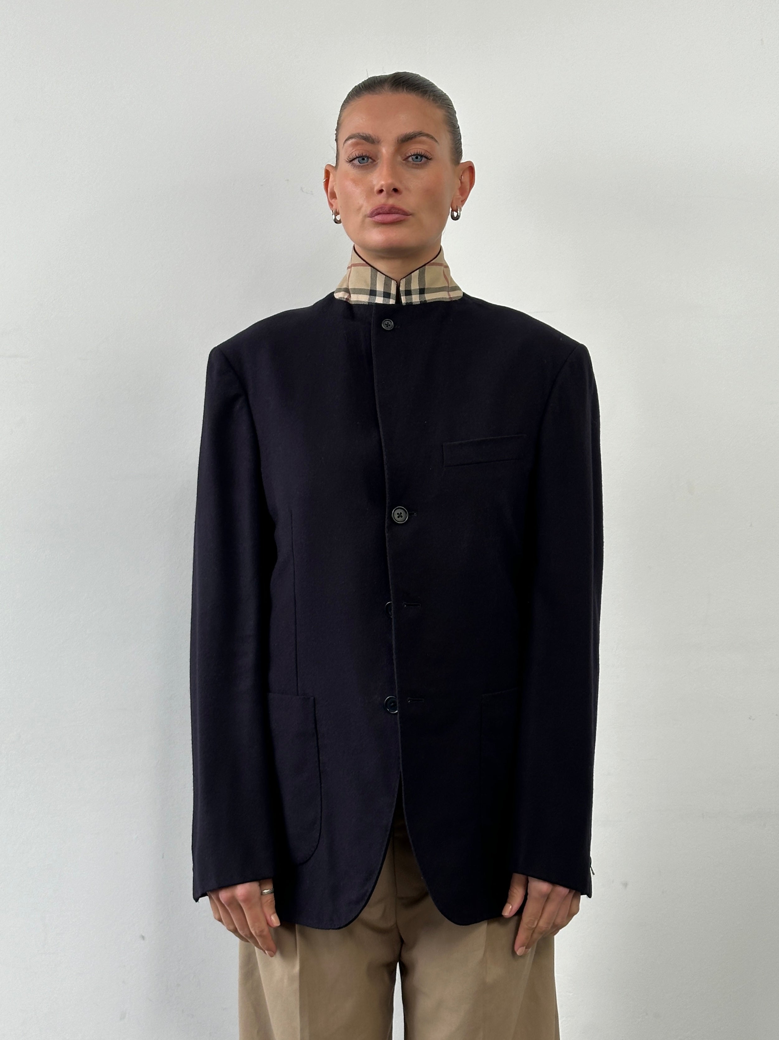 Burberry London high neck Nova Check wool blazer in size 38R/M, tailored fit with classic check pattern and structured design.