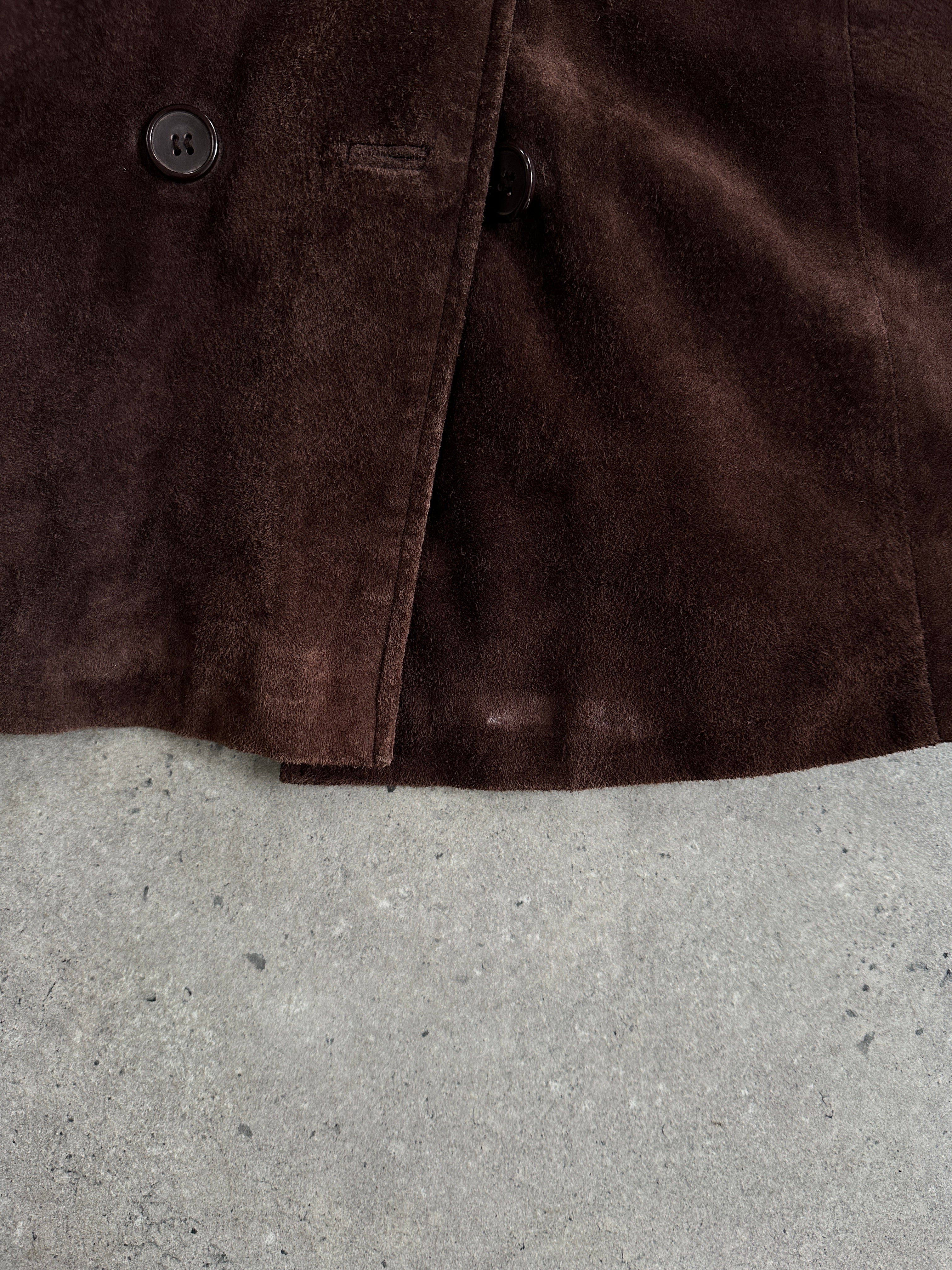 Vintage double-breasted belted suede jacket in M/L size, featuring classic design and textured tan suede fabric.
