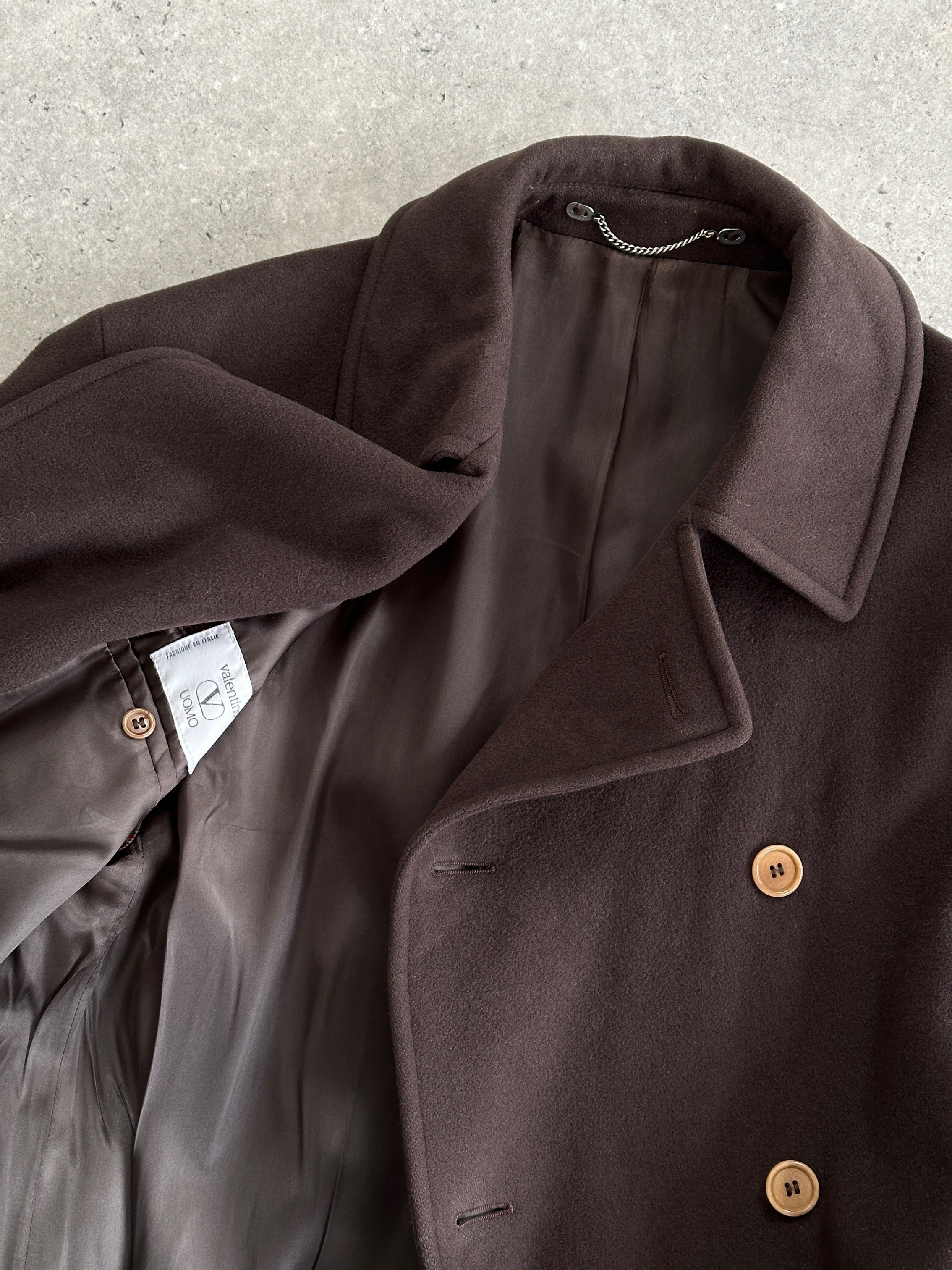 Valentino Pure Wool Double Breasted Coat in XL, stylish gray coat with classic lapels and button details, tailored fit for winter.