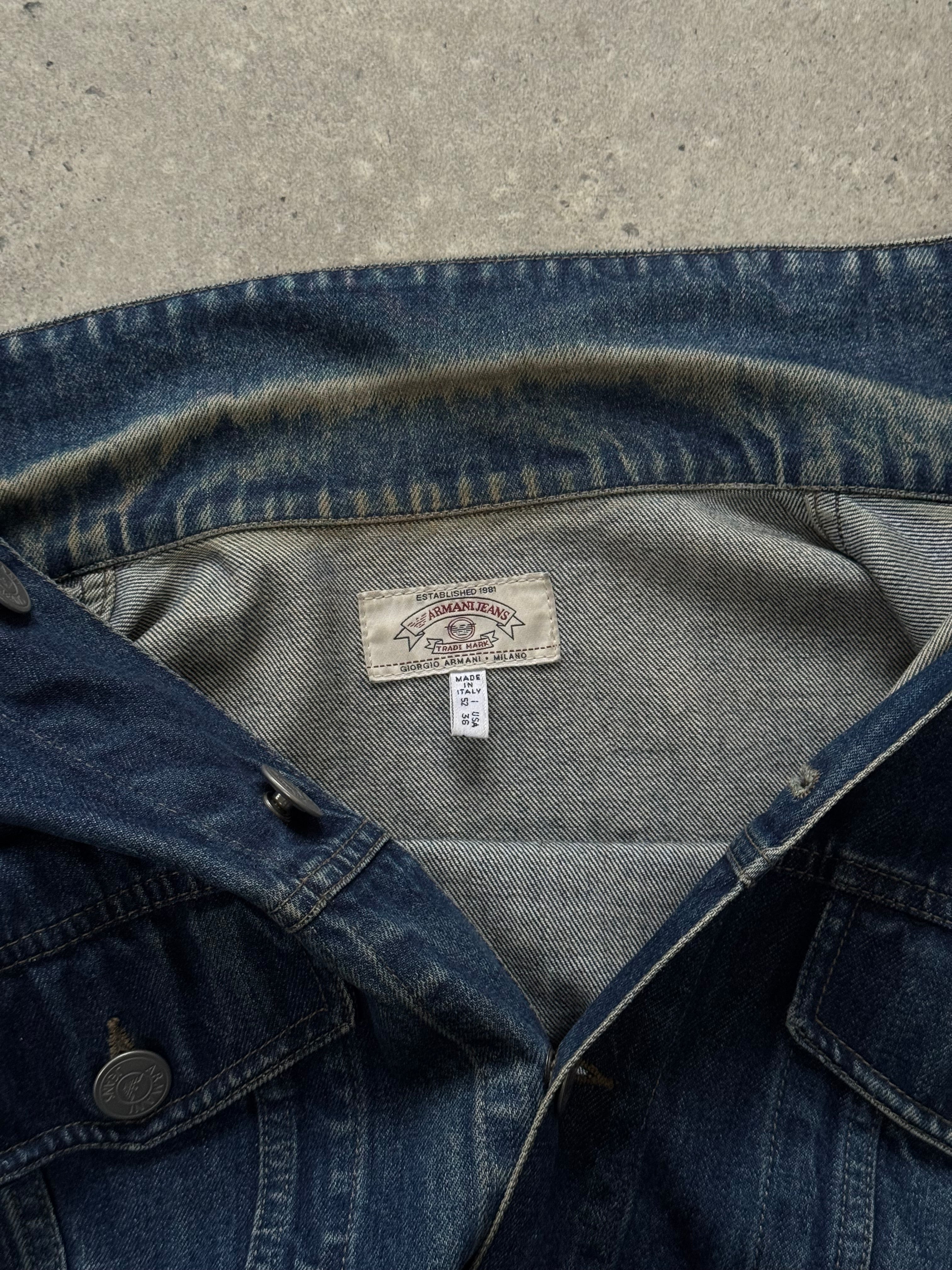Armani Jeans 1900s mid wash denim jacket, men's size M/L, showing front view with classic collar and button details.