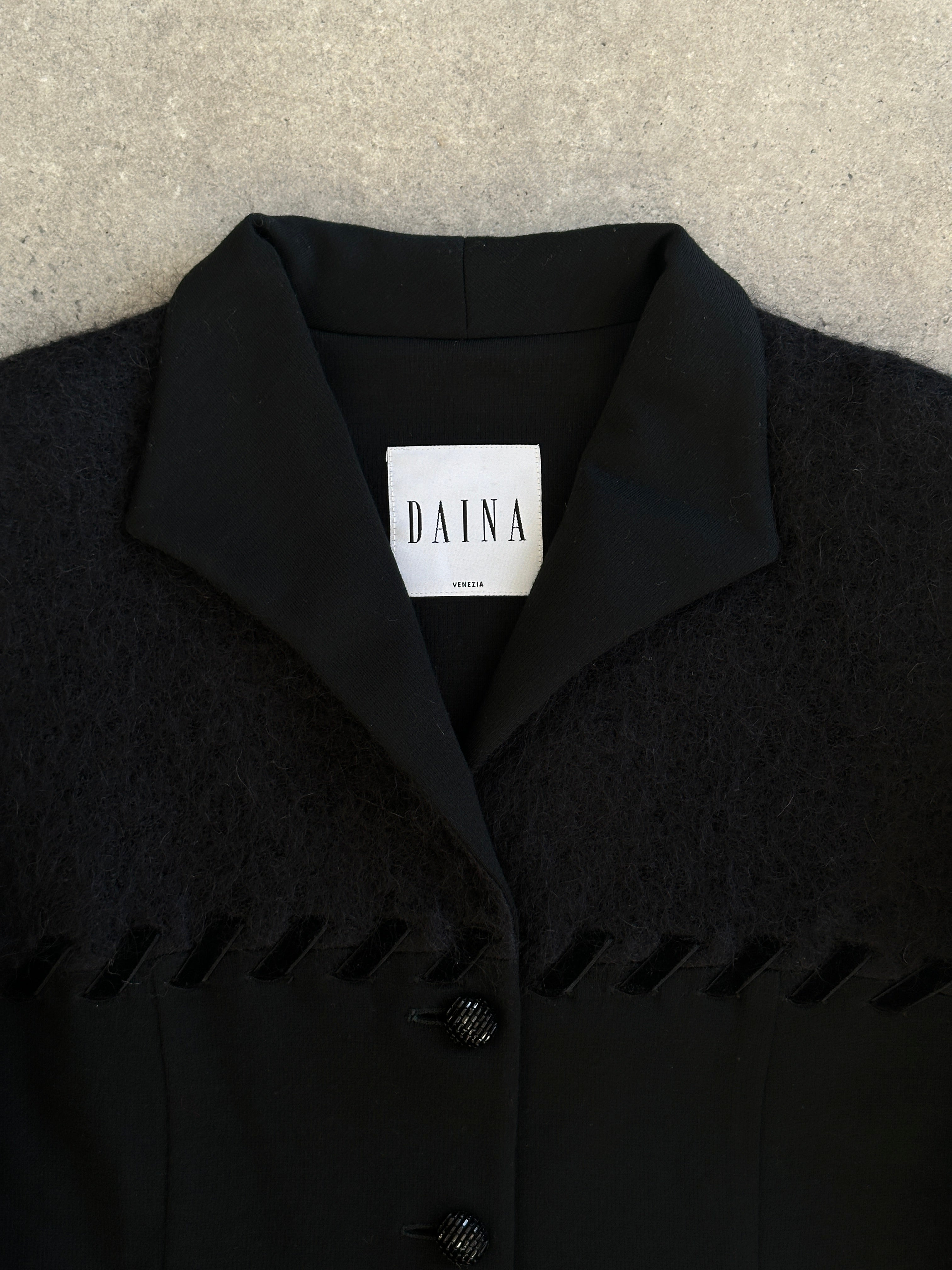 Vintage Italian 1990s mohair wool contrast panel jacket, men's size M, featuring textured fabric and classic design details.