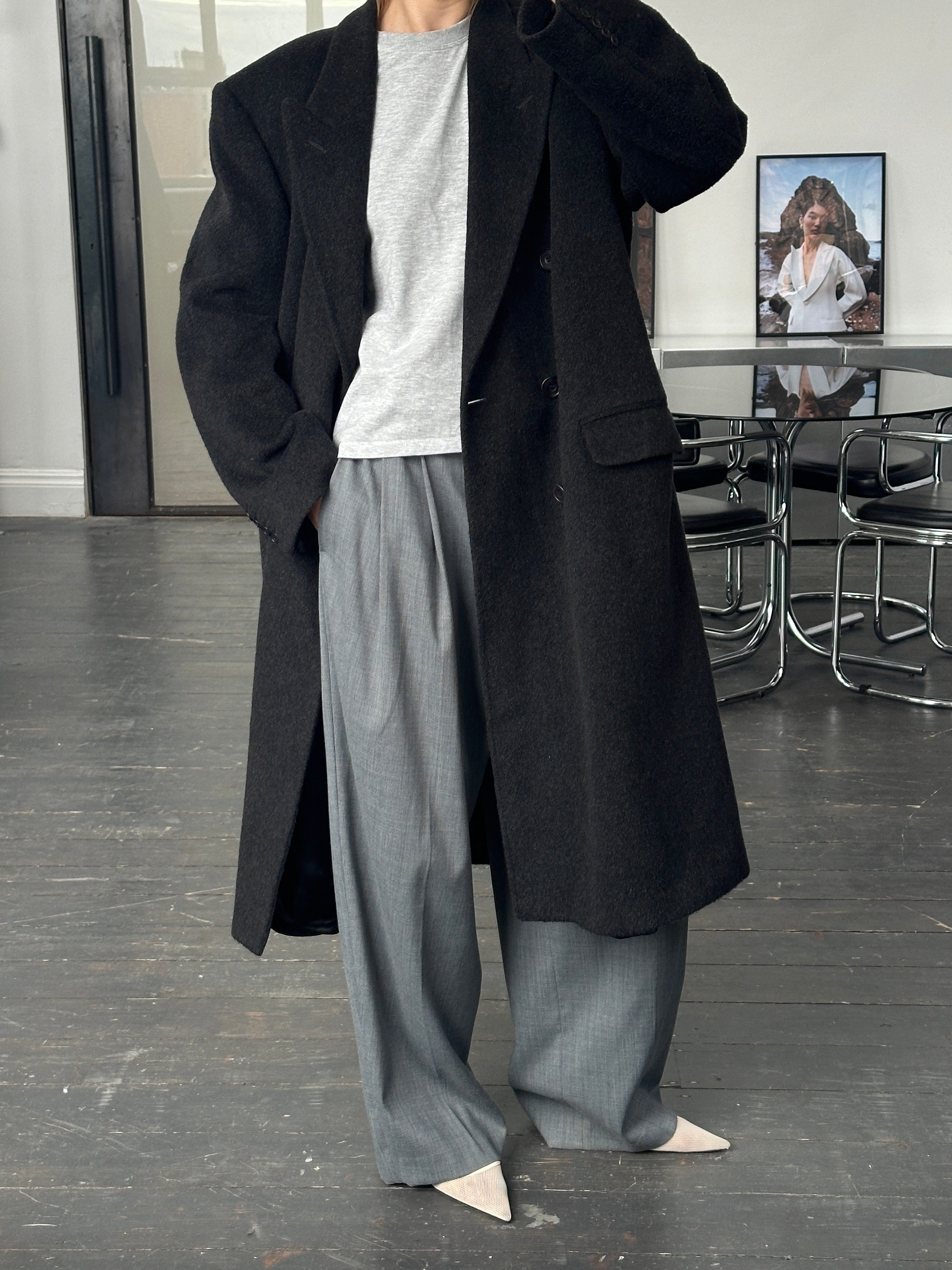 Vintage British 1990s wool and cashmere double-breasted coat in XL, featuring classic style and tailored fit.