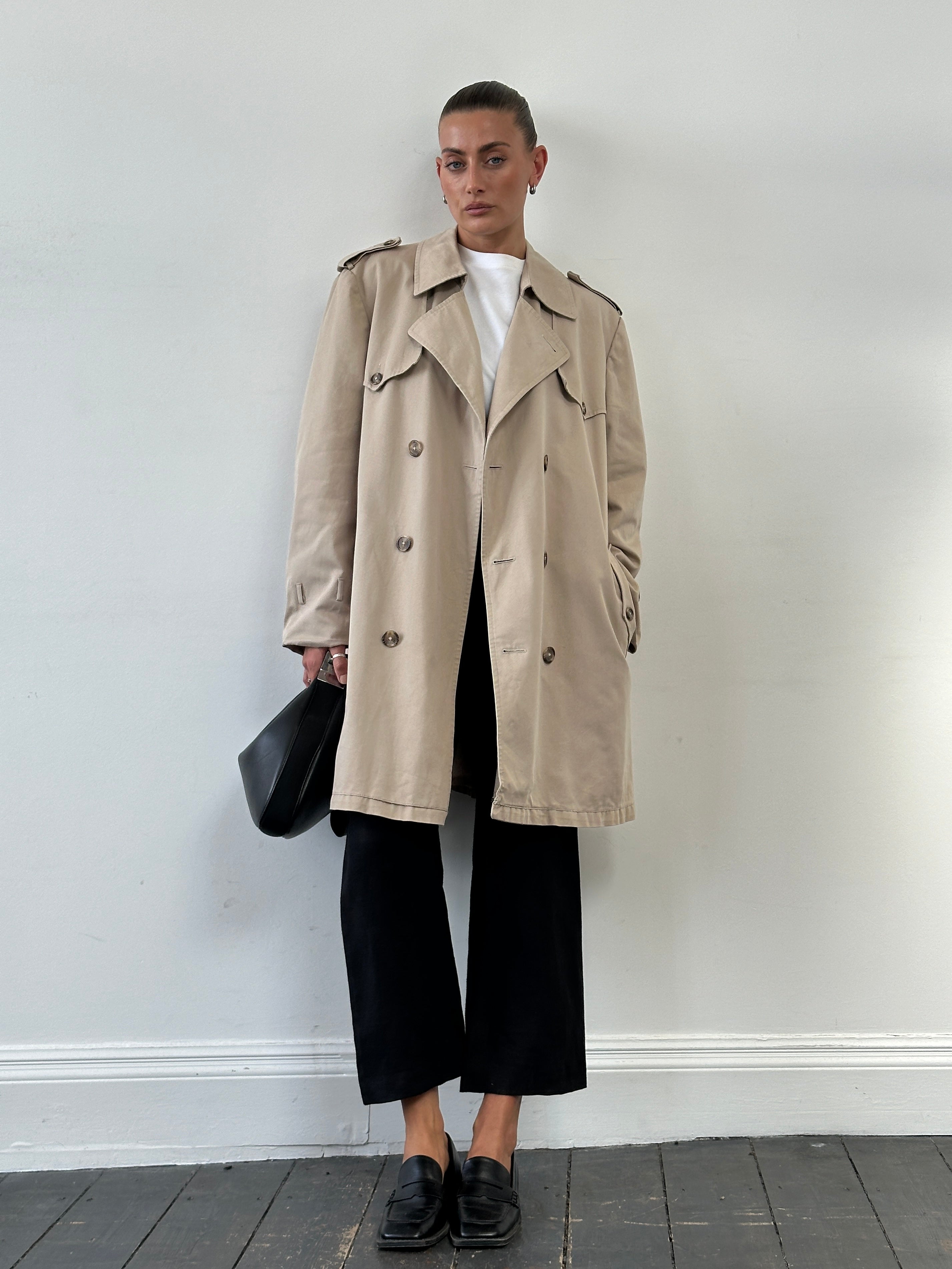 Christian Dior Monsieur cotton double-breasted belted trench coat in beige, with classic lapels and button details, L/XL size.