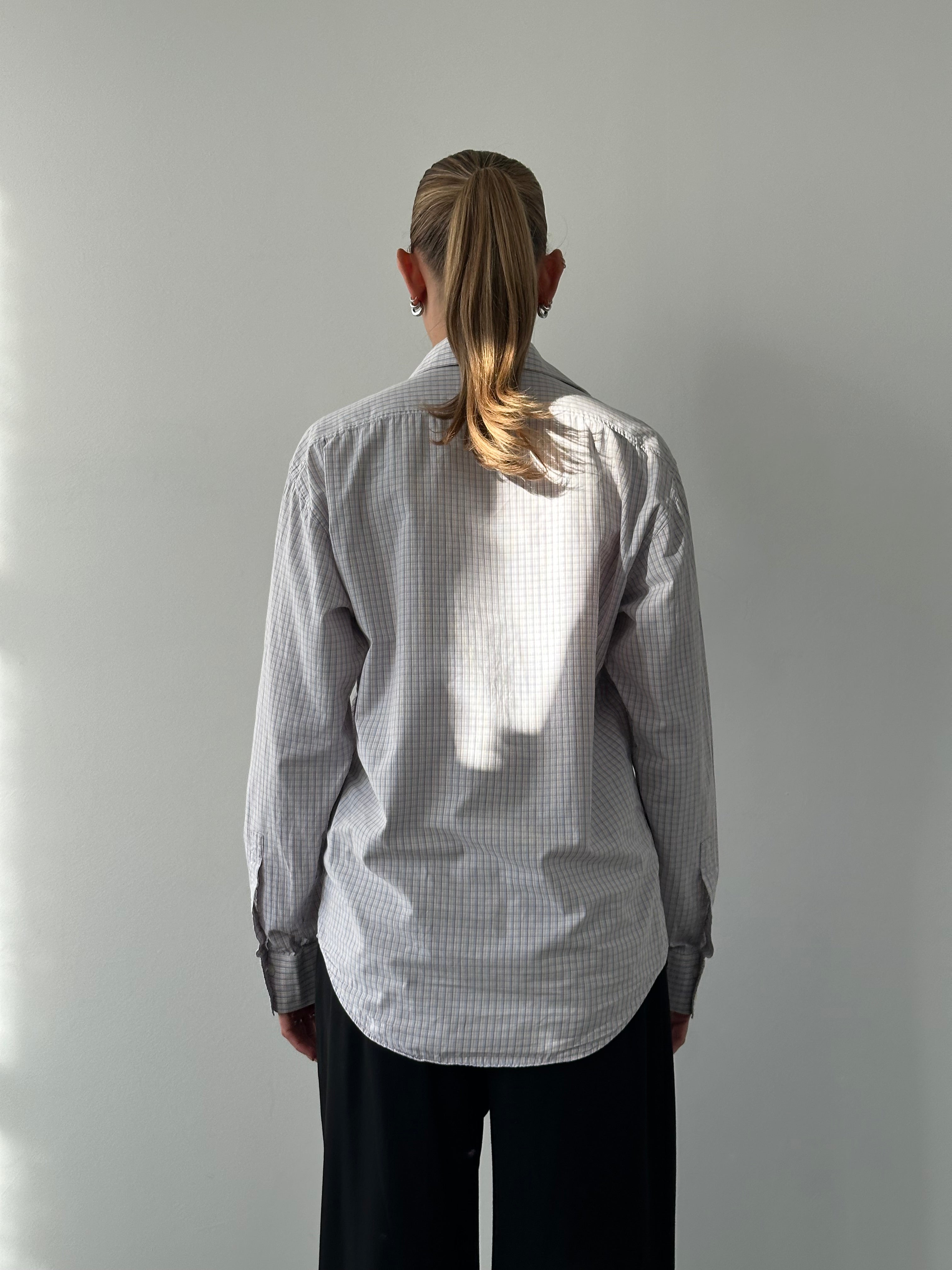 Yves Saint Laurent Pour Homme mini check pure cotton logo shirt in size M, featuring a classic collar and button-front design.