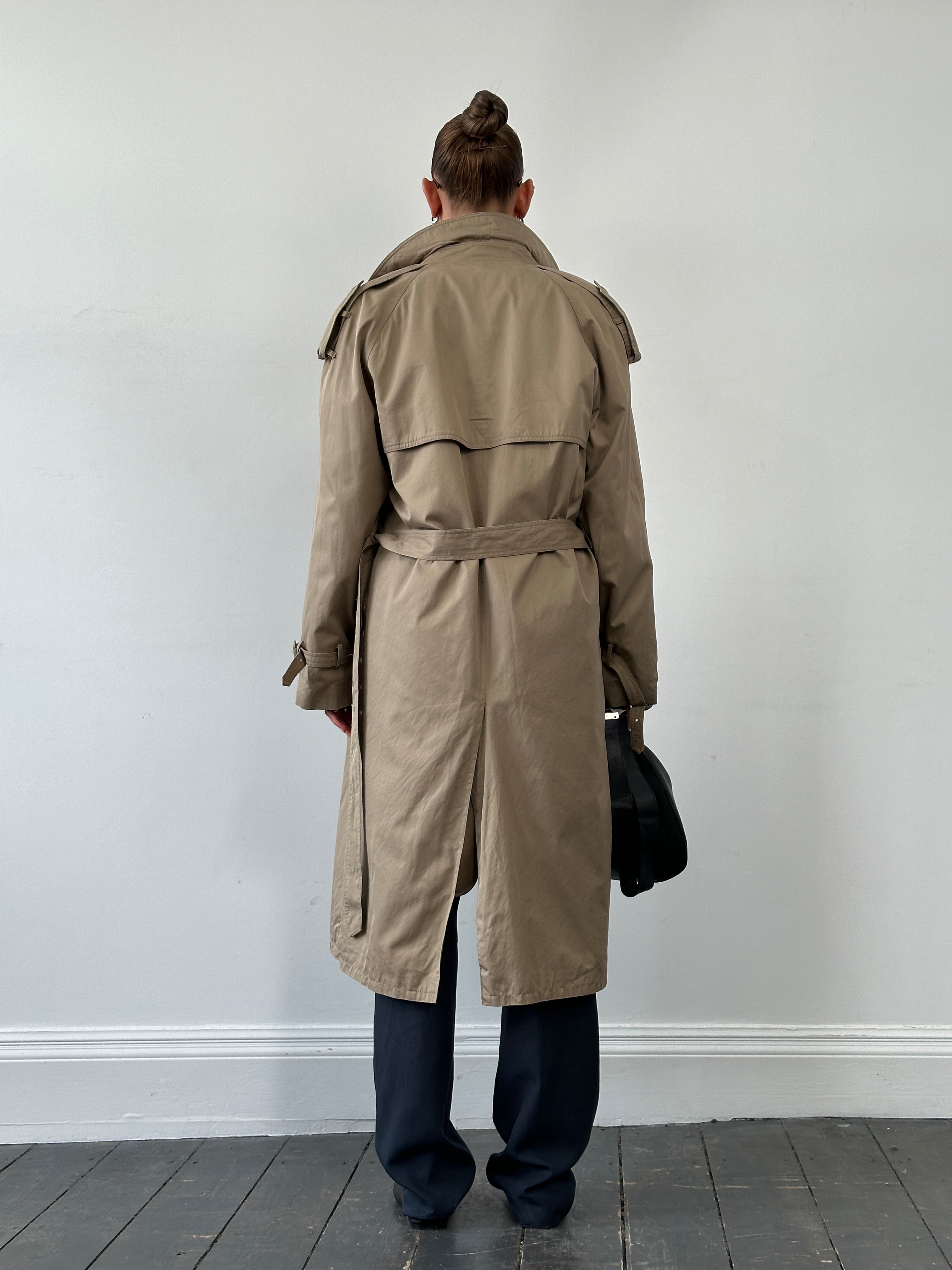 Yves Saint Laurent 80s pure cotton double-breasted belted trench coat in XL, shown with classic collar and button details.