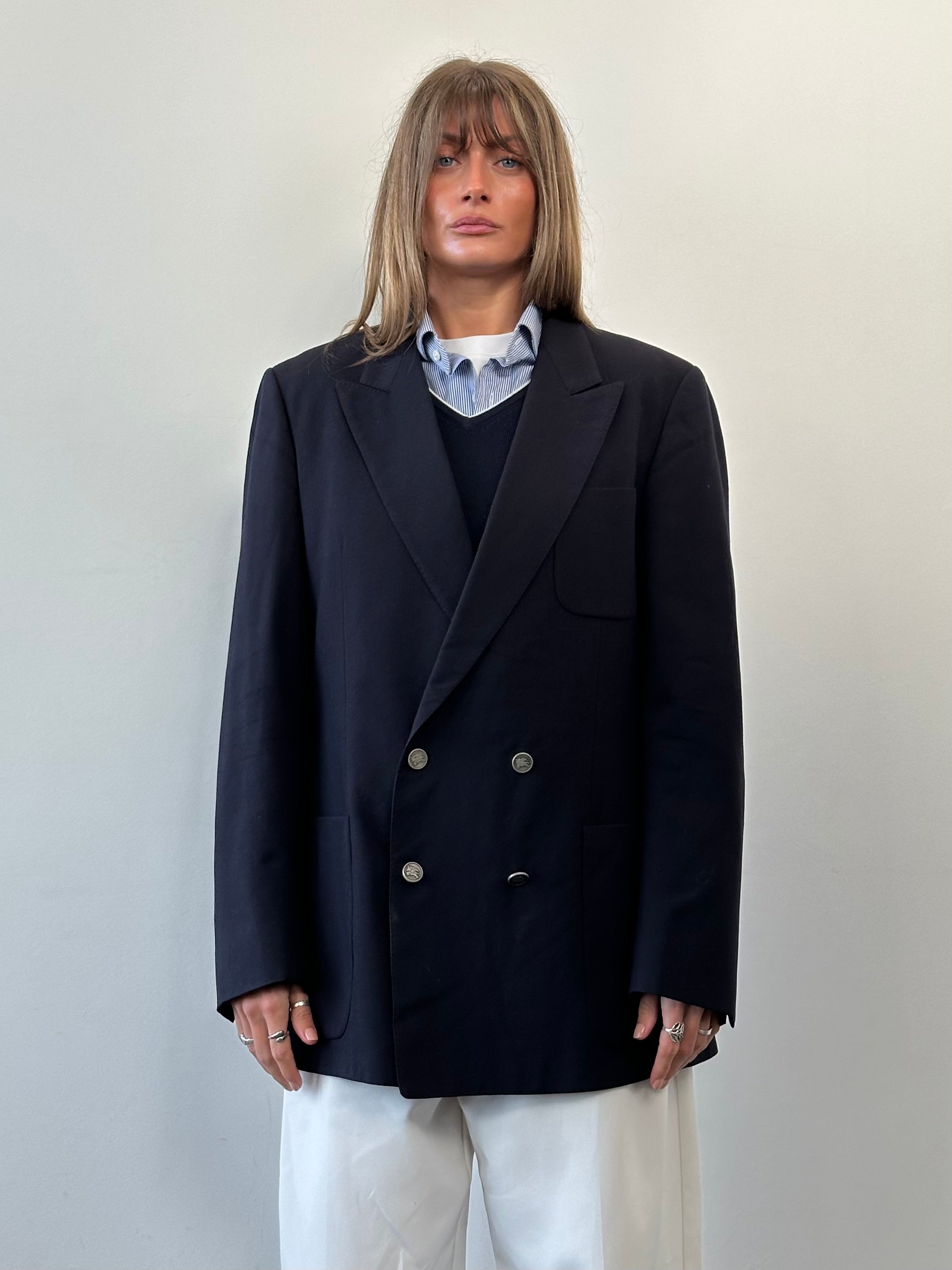 Burberry wool double-breasted blazer in size 44R/XL, tailored fit with classic design and button details, shown on a mannequin.