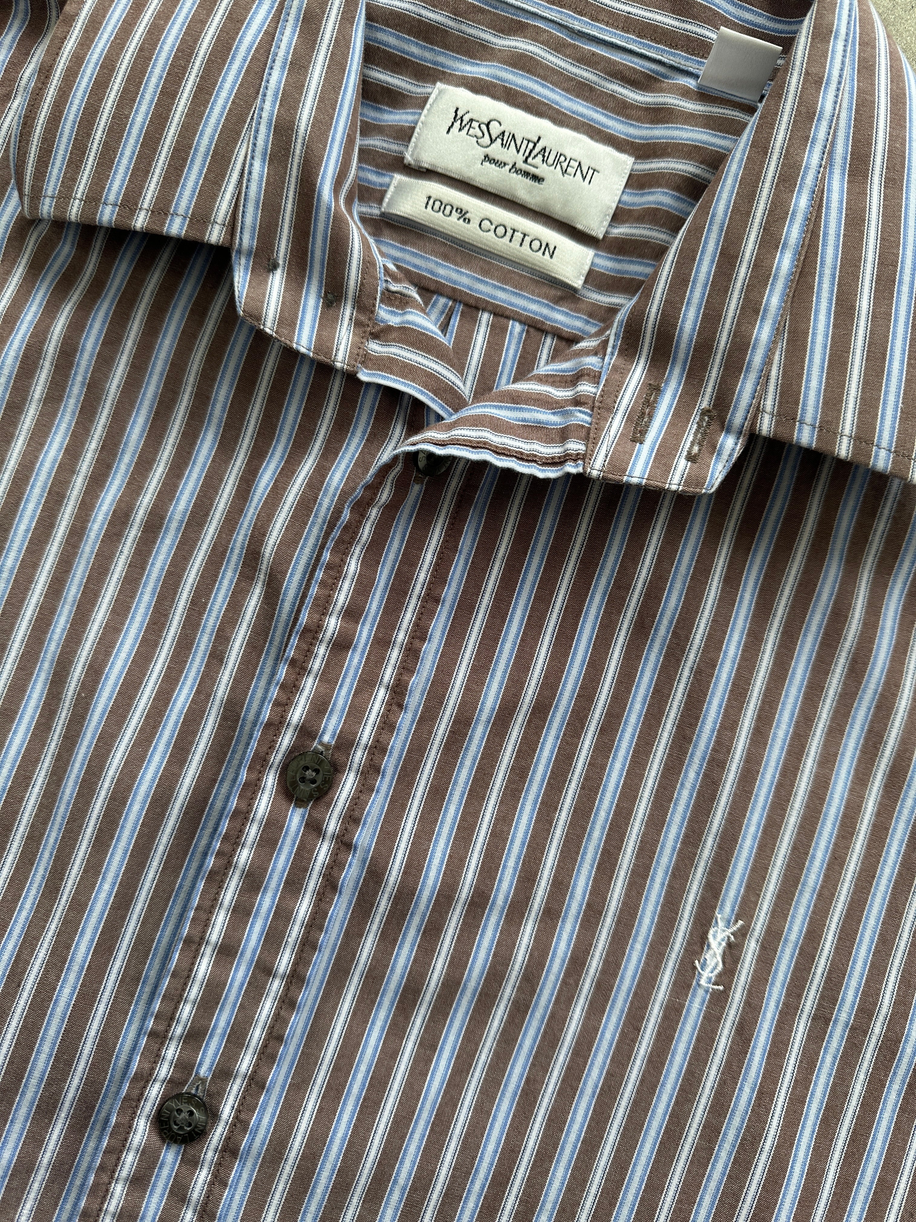 Yves Saint Laurent Pinstripe Pure Cotton Logo Shirt - L - SYLK