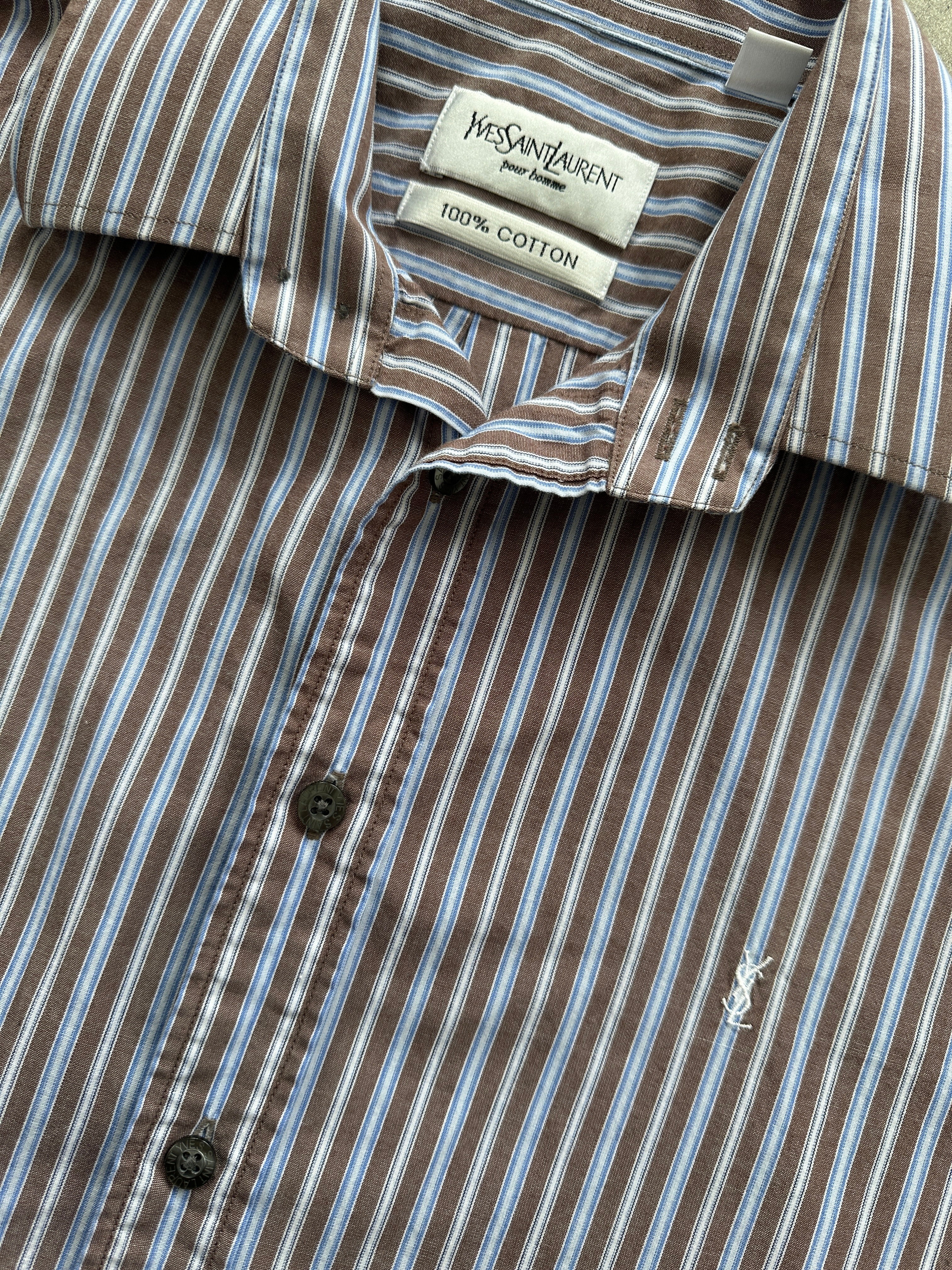 Yves Saint Laurent Pour Homme stripe pure cotton logo shirt in size L, featuring a classic striped design and brand logo detail.
