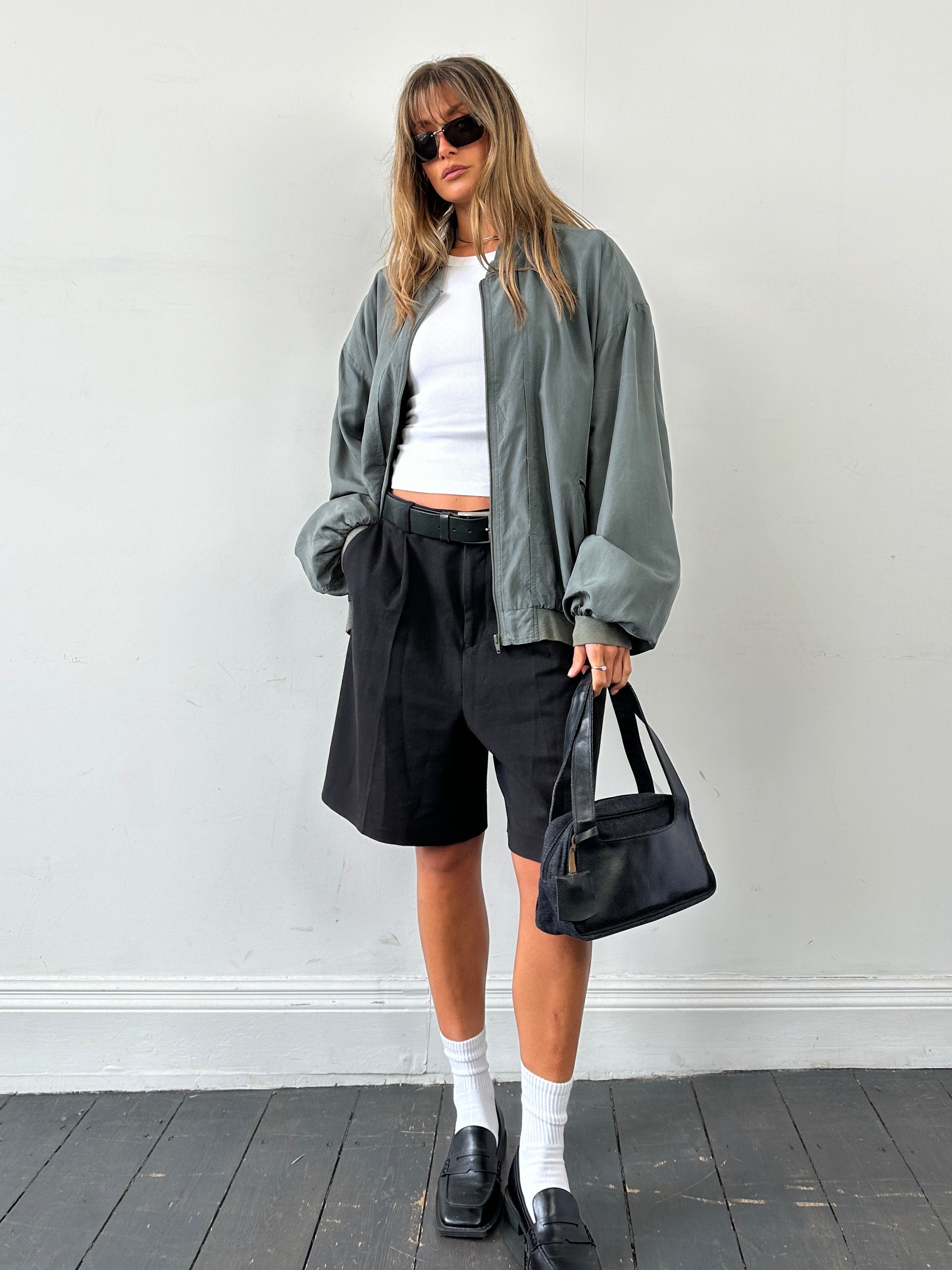 Vintage 80s pure silk bomber jacket in XXL, showcasing a shiny, smooth silk fabric and classic bomber jacket style.