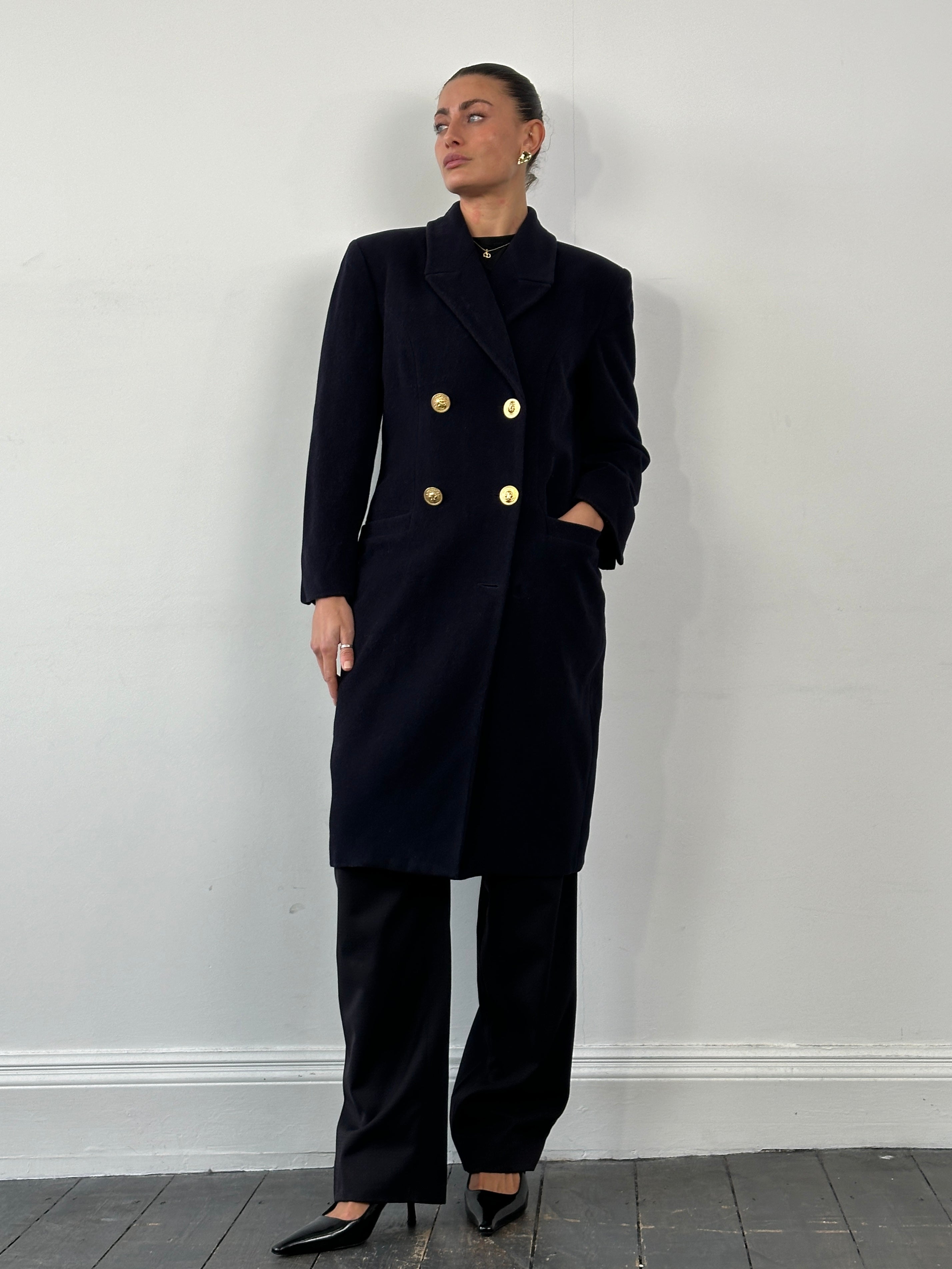 Versace Versus 1990s bespoke double-breasted coat with buttons, tailored fit, in size M, stylish and classic fashion piece.