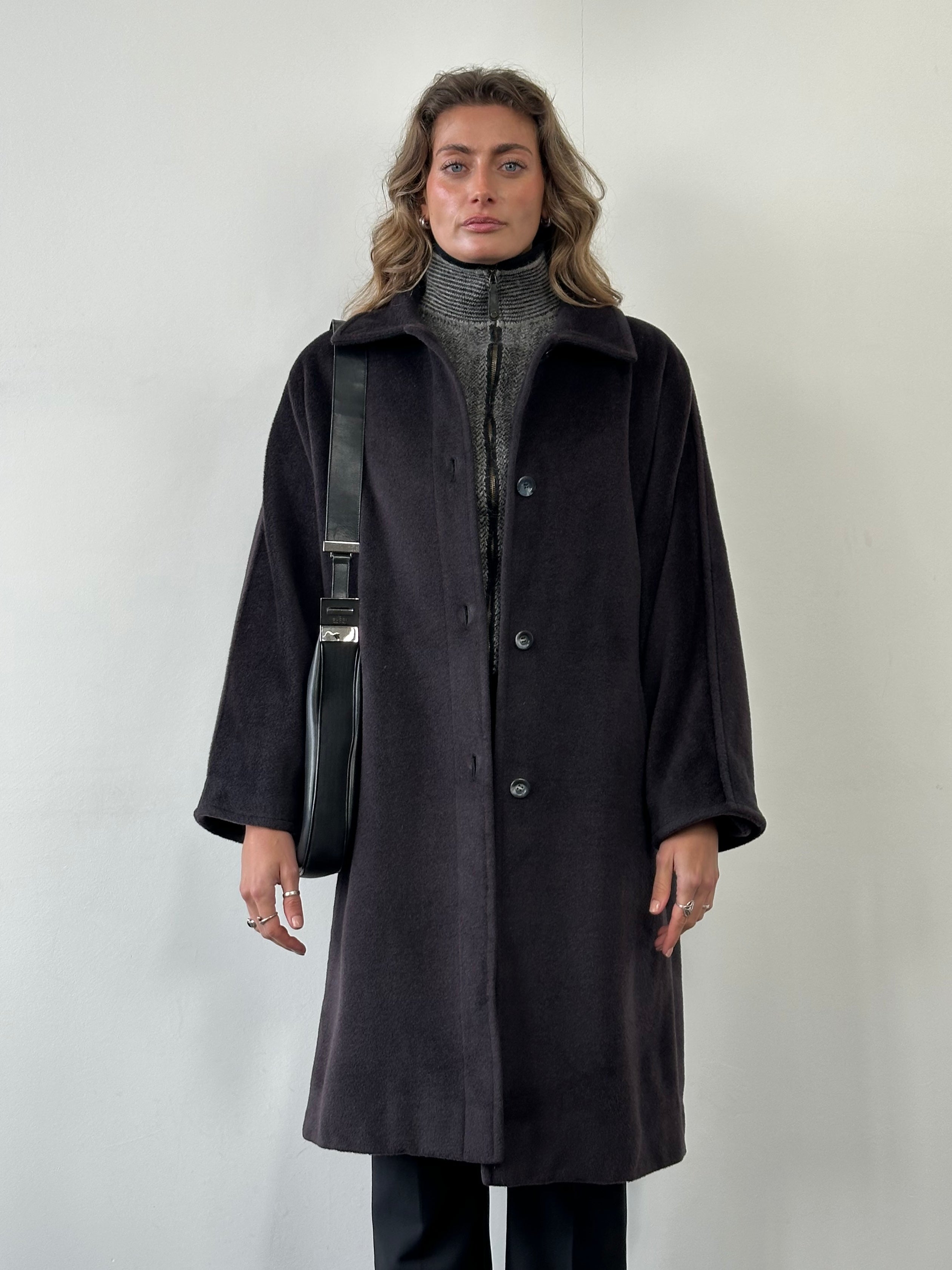 Max Mara wool and cashmere single-breasted coat in size L, shown on a hanger with classic tailored design and neutral color.