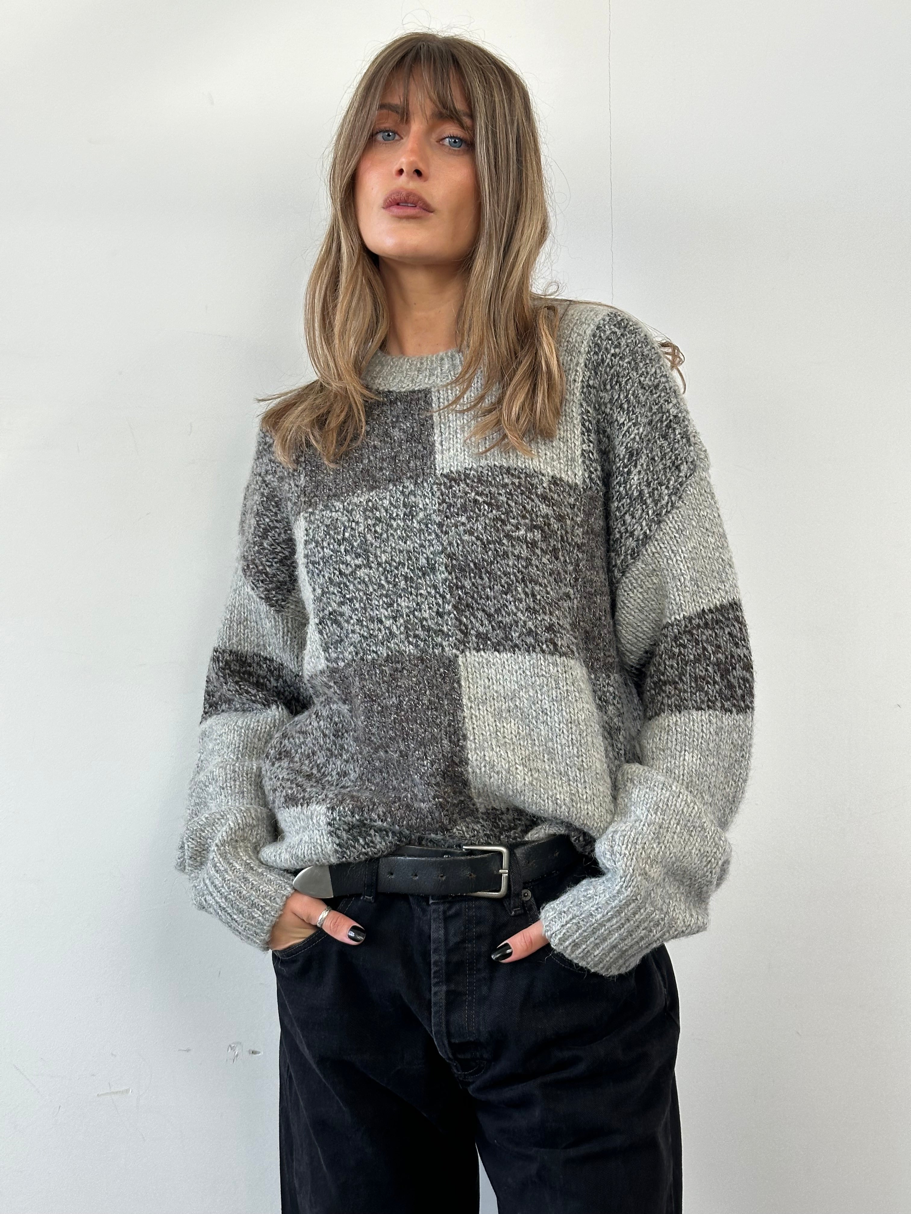 Armani jeans XL wool and alpaca knitted check jumper with a cozy, patterned design and ribbed cuffs and neckline.