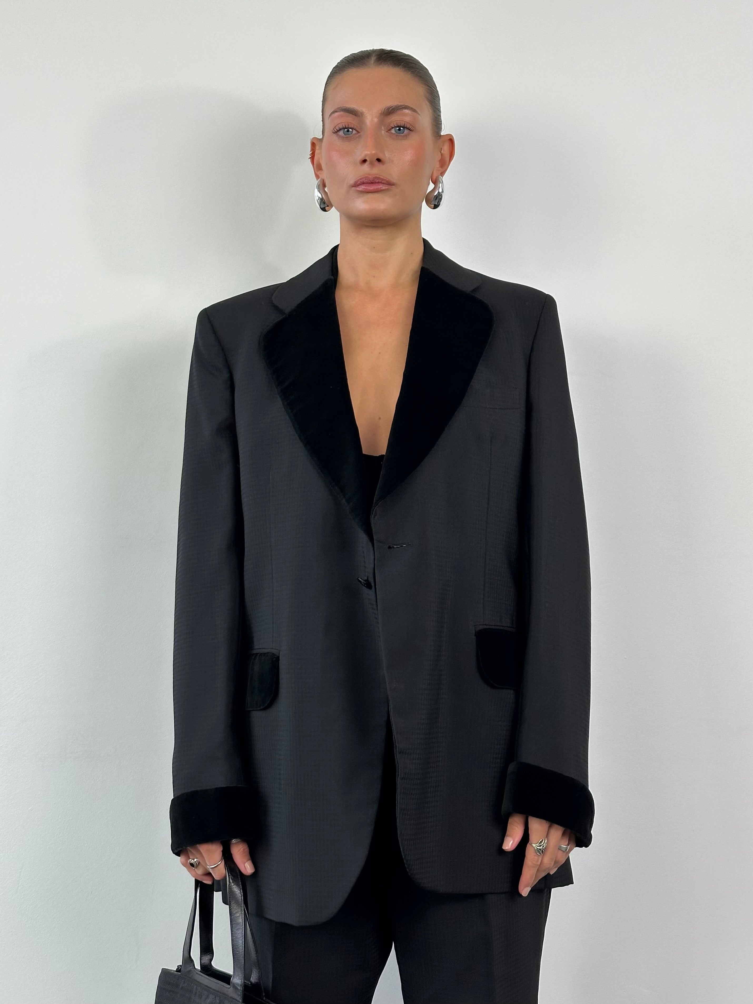 Christian Dior Monsieur 1990s velvet tuxedo three-piece suit, size 44L/W30, featuring a tailored jacket, waistcoat, and trousers.