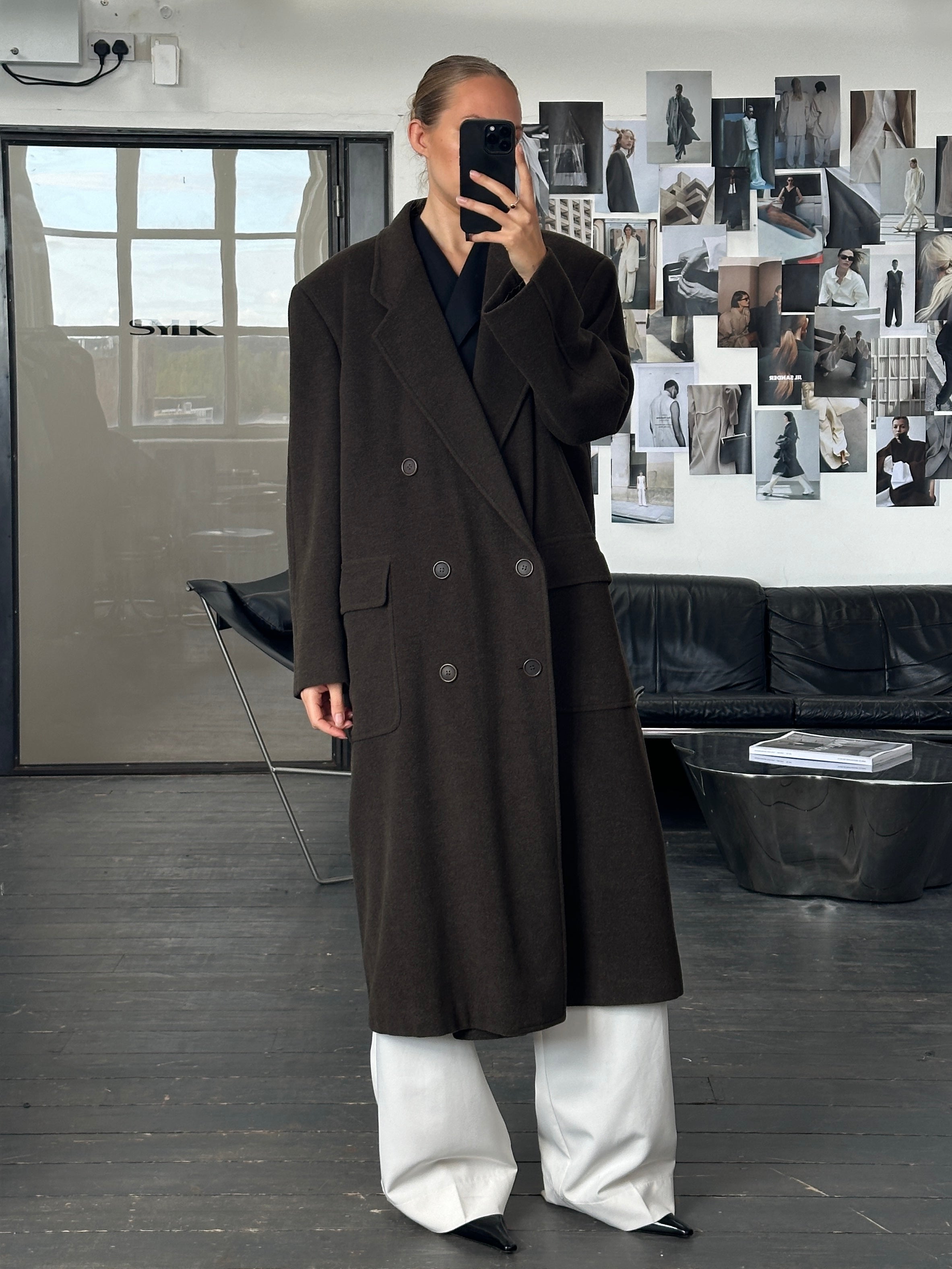 Giorgio Armani Le Collezioni 1990s pure wool double-breasted coat in XL/XXL, shown on a hanger with a classic tailored fit.