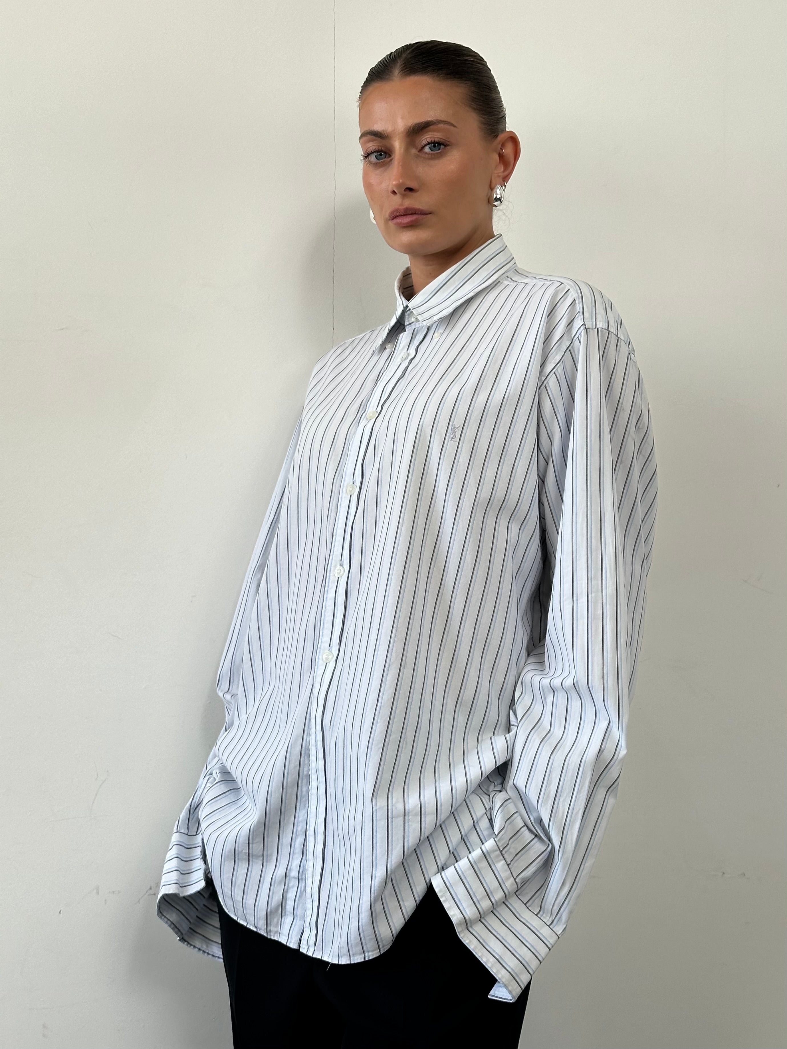 Yves Saint Laurent pure cotton stripe logo shirt in XL, featuring classic design with bold YSL branding and button-down style.